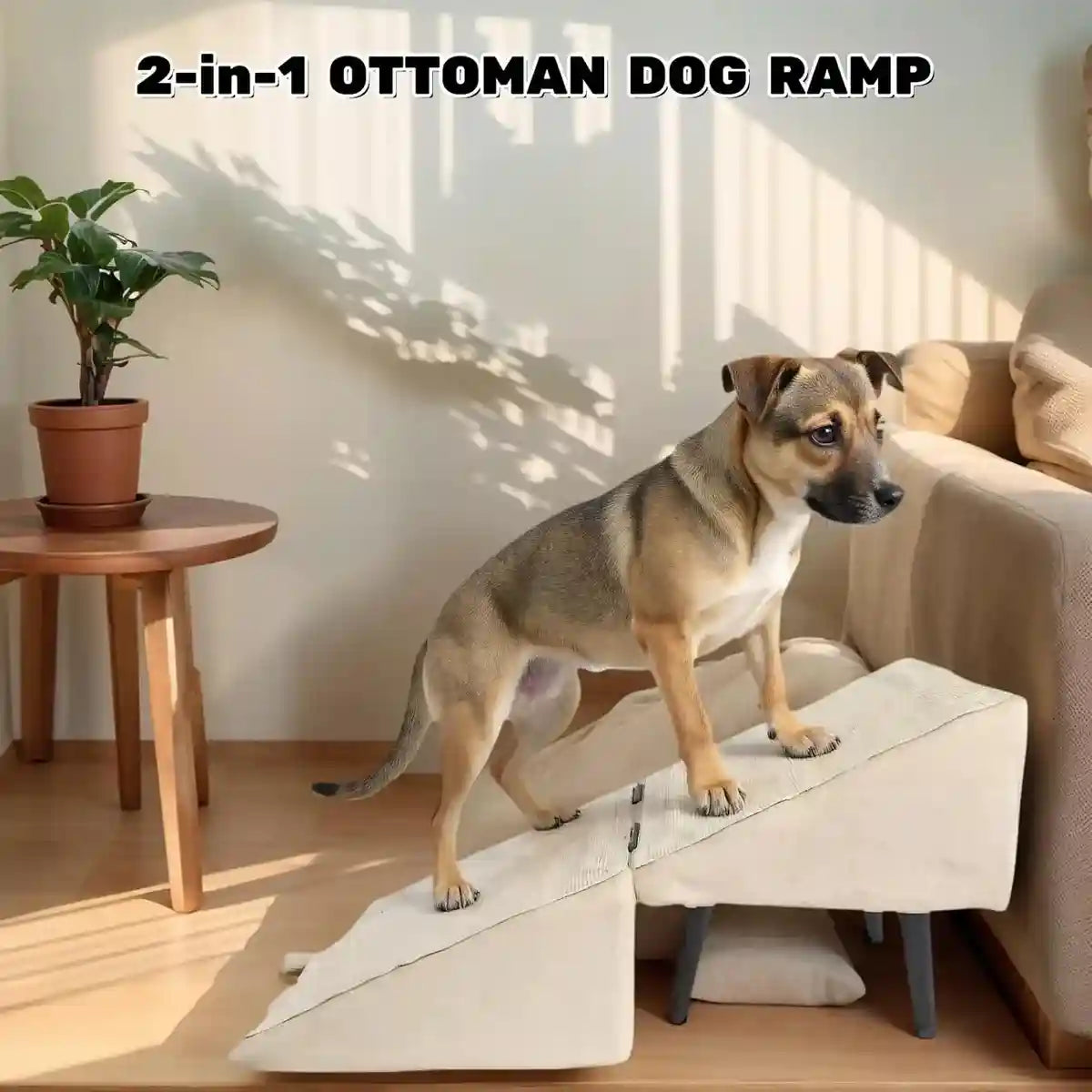 Khaki Wooden Pet Dog Stairs Ramp Dual-Function Foldable Step Ladder