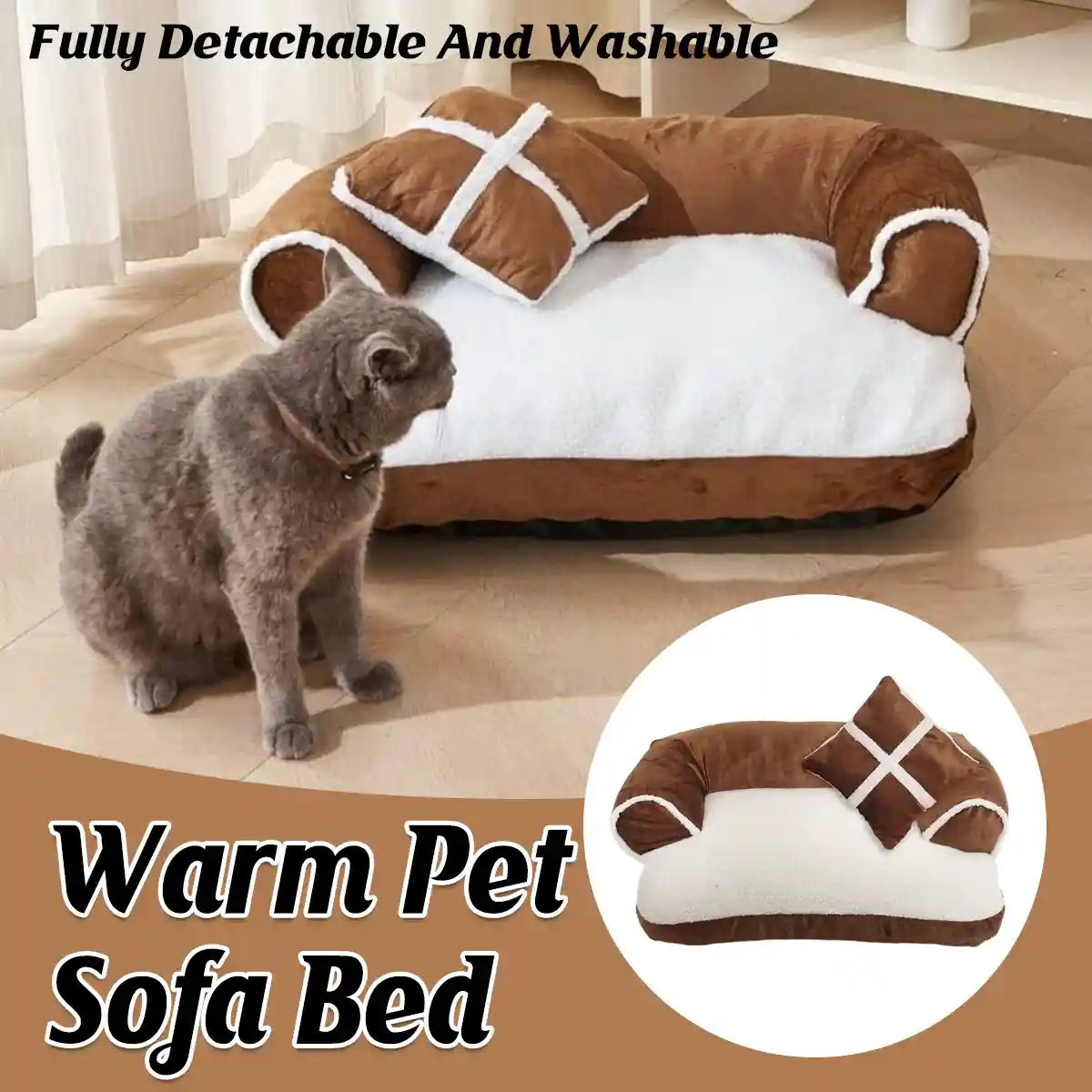 Soft Plush Pet Sofa Bed with Pillow for Cats and Small Dogs