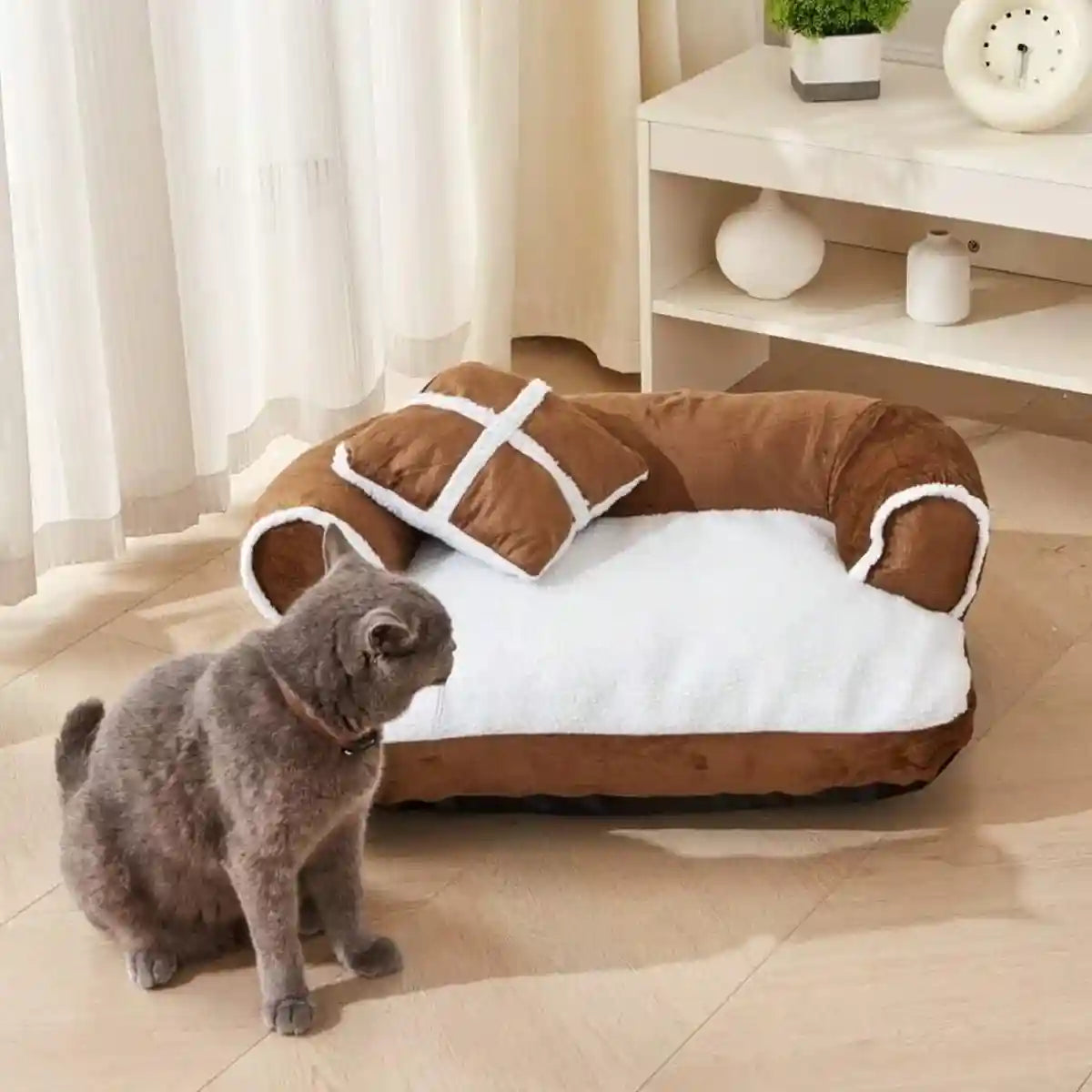 Soft Plush Pet Sofa Bed with Pillow for Cats and Small Dogs