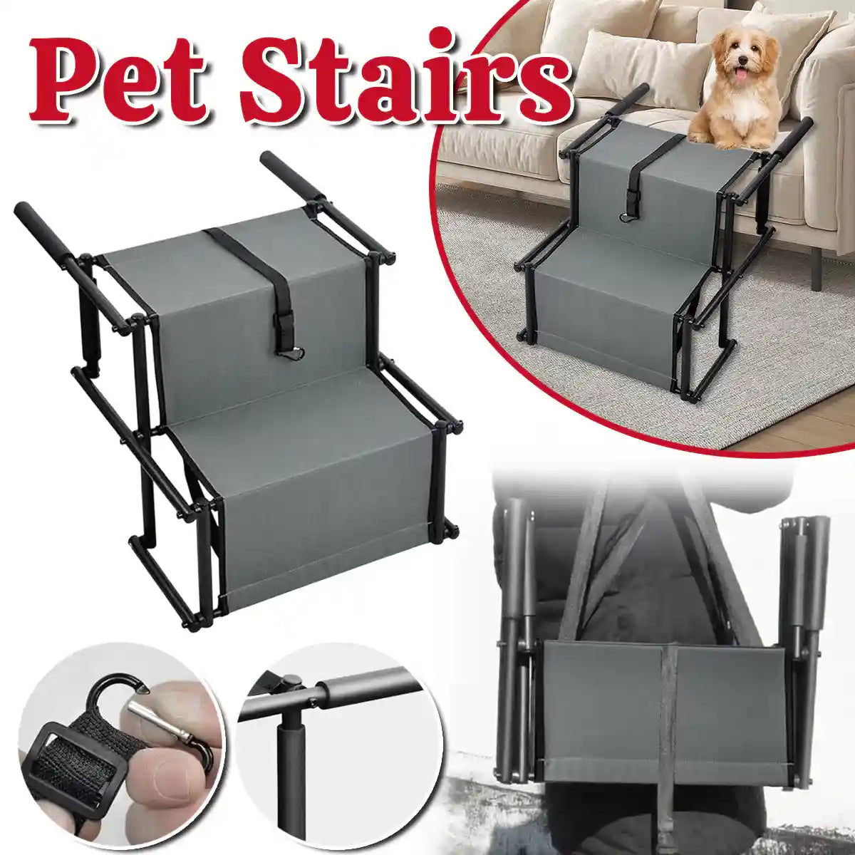 Foldable Pet Stairs for Small Dogs & Cat Non-Slip Steps with Safety Clip