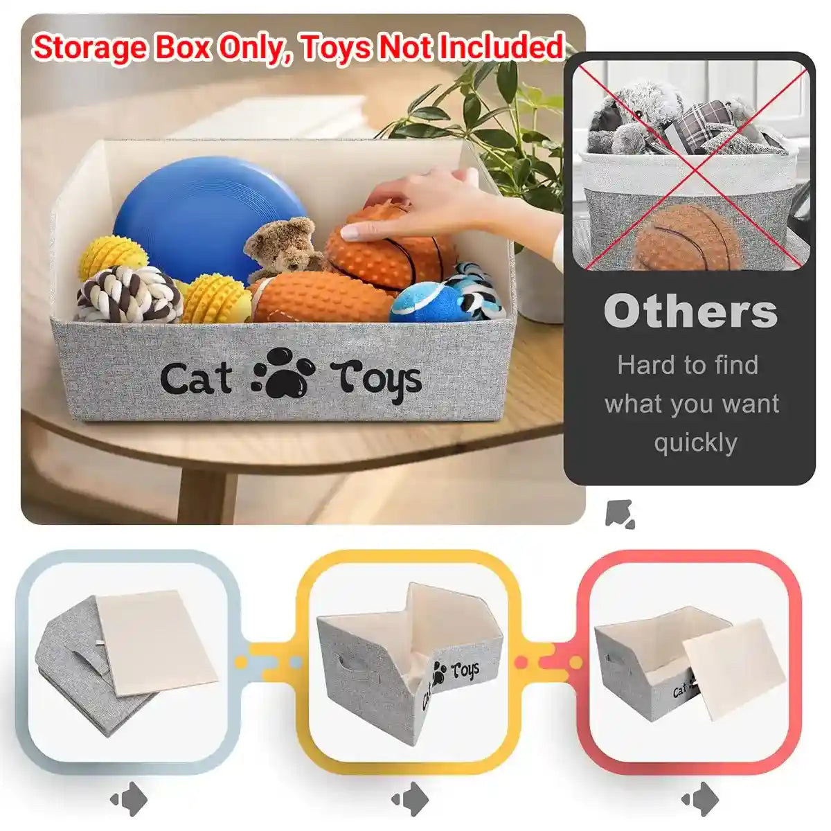 Foldable Pet Toy Storage Box with Handles for Cats & Dogs
