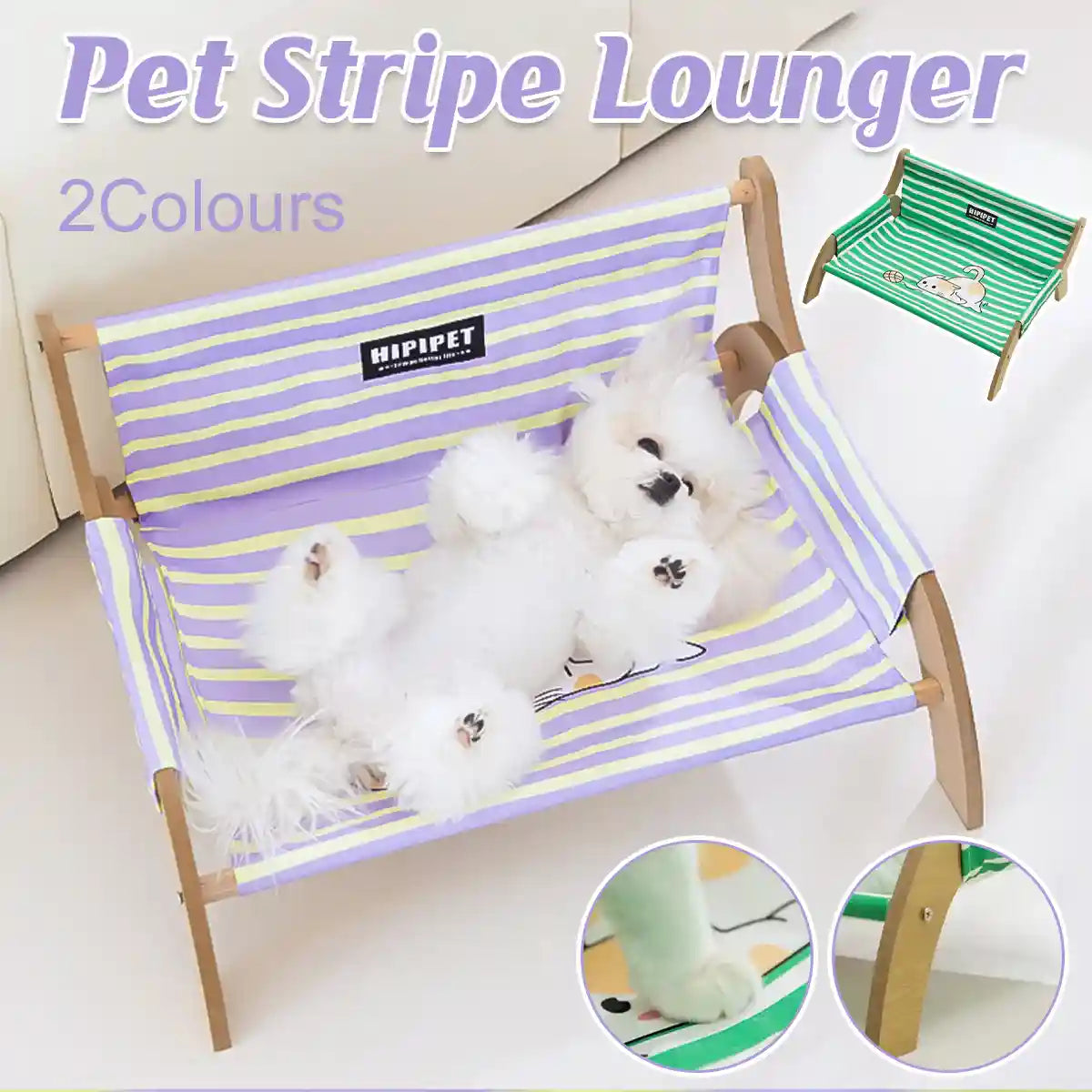 Striped Pet Lounger Bed with Wooden Frame for Small Dogs and Cats