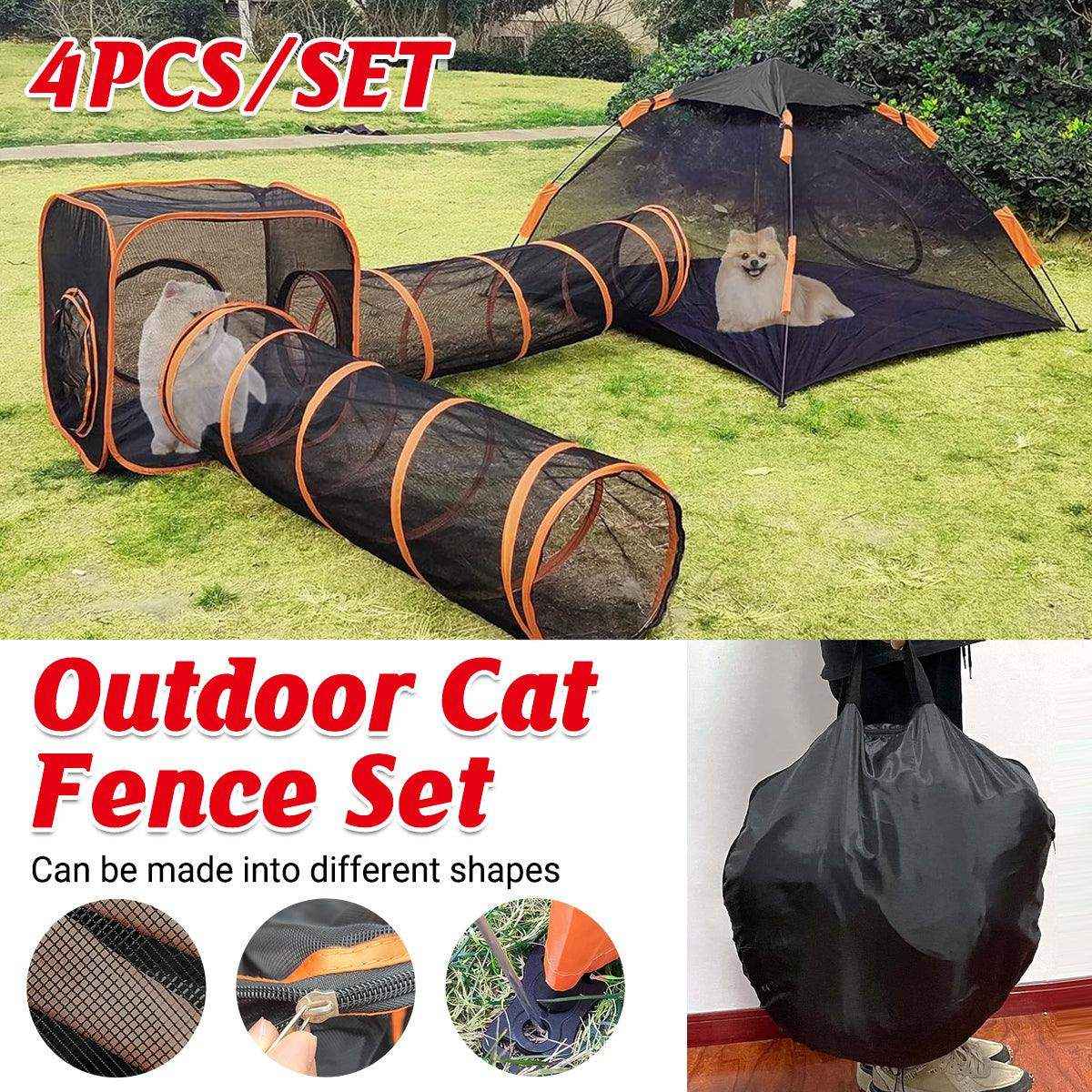 Foldable cat tunnel outdoors playpen with breathable mesh, zippered doors, and a customizable design for outdoor pet fun.