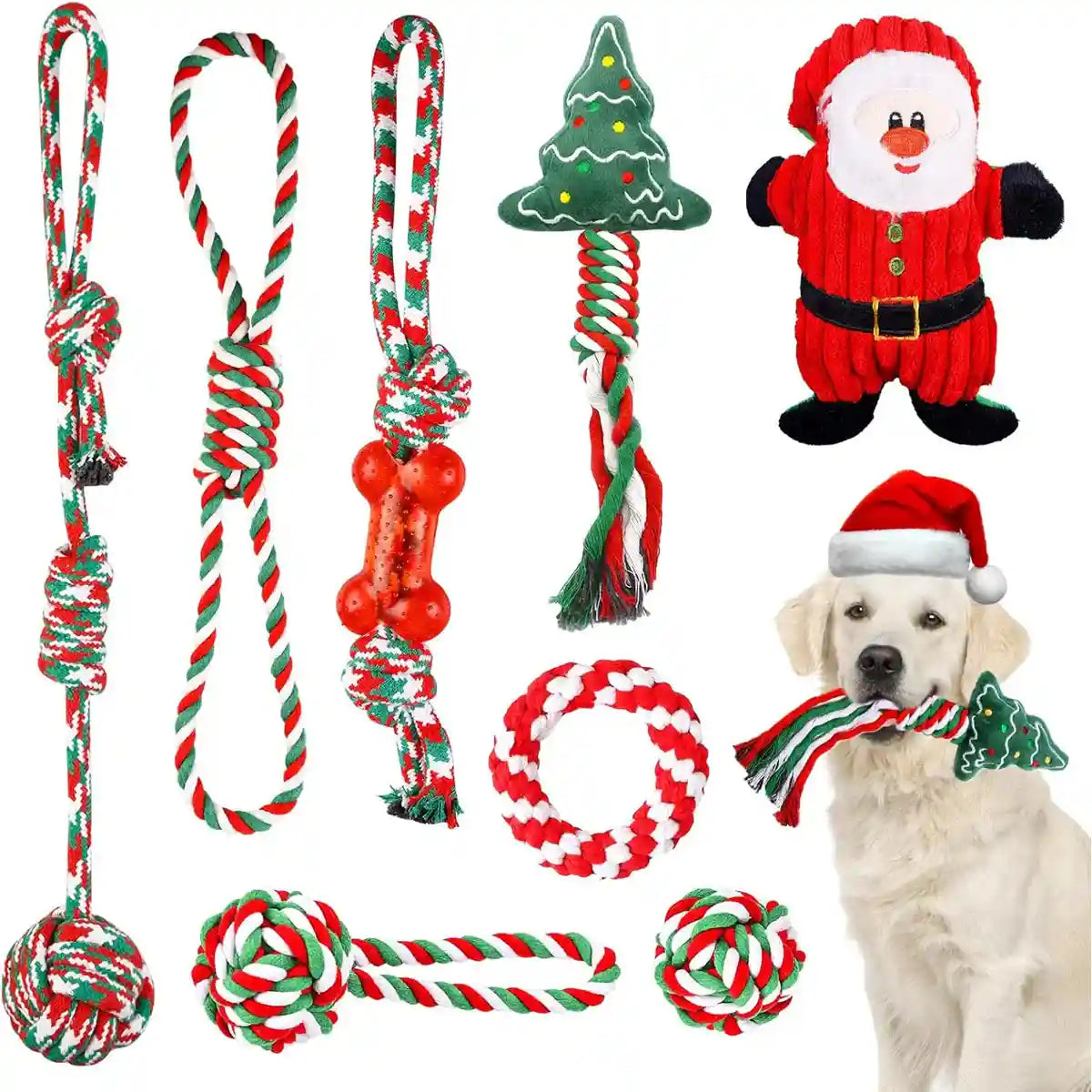 Christmas Dog Toy Set 8pcs Cotton Rope Chew & Play Toys