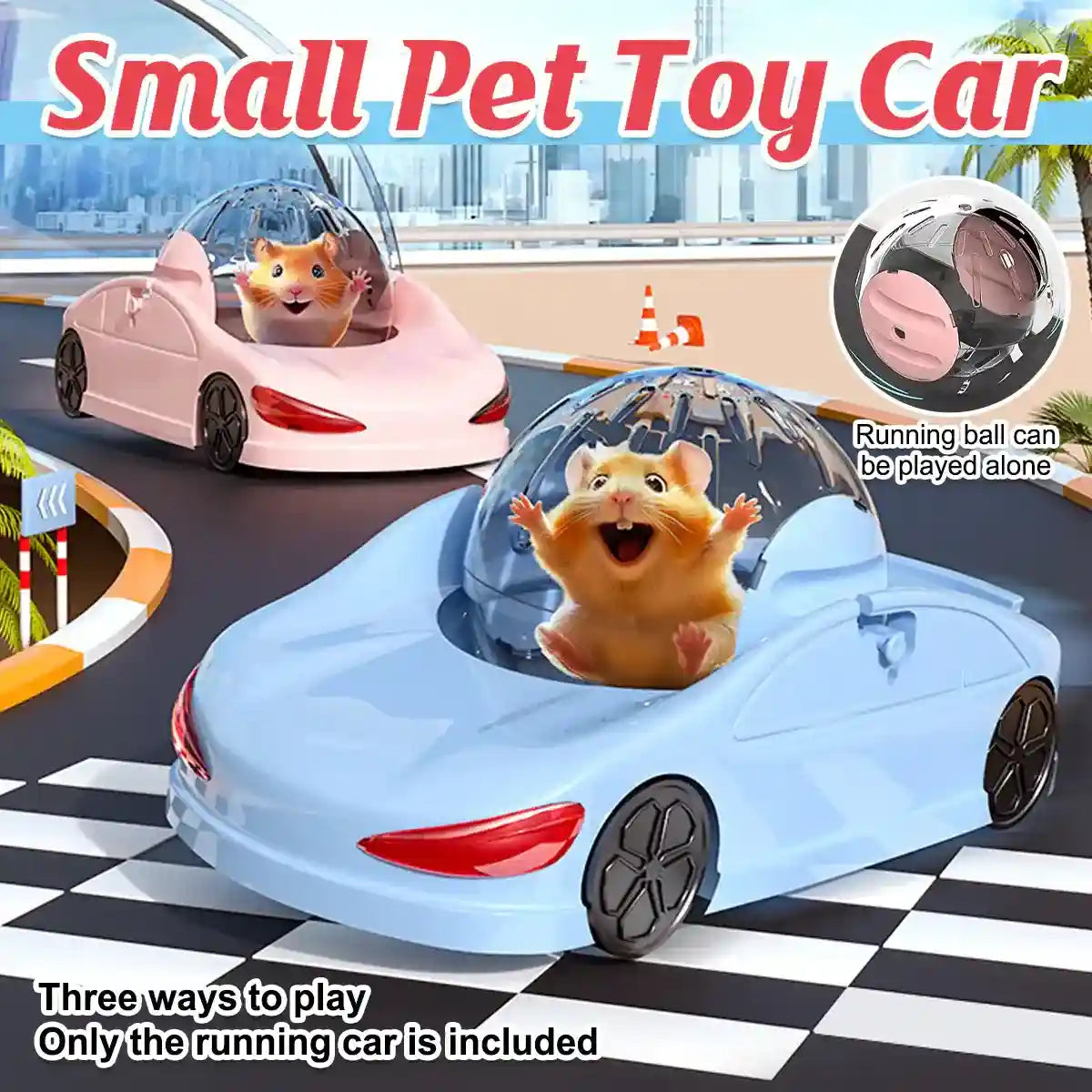 Interactive hamster toy car with transparent running ball for small pets