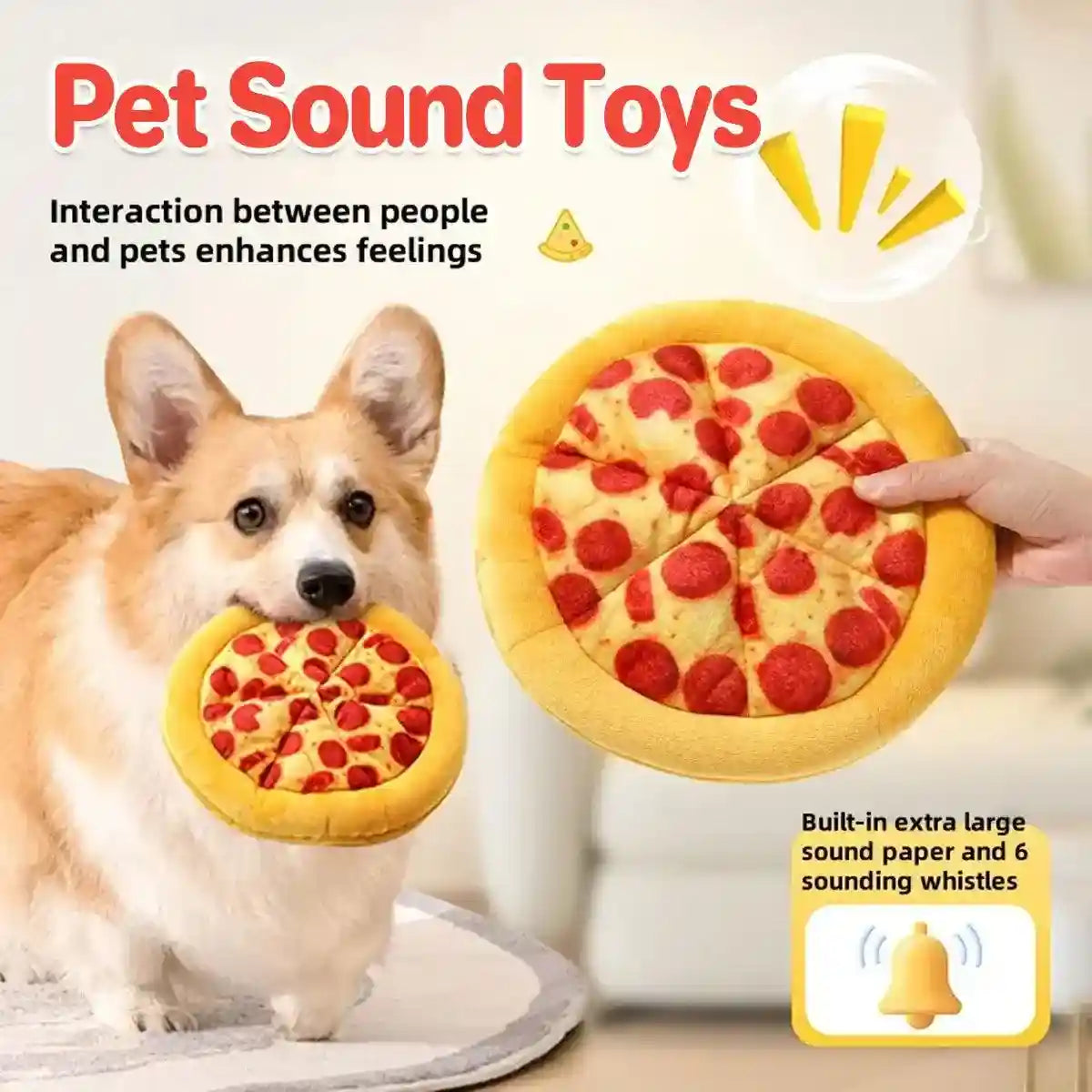 Plush pizza squeaky dog toy with built-in squeakers for small and medium-sized dogs.