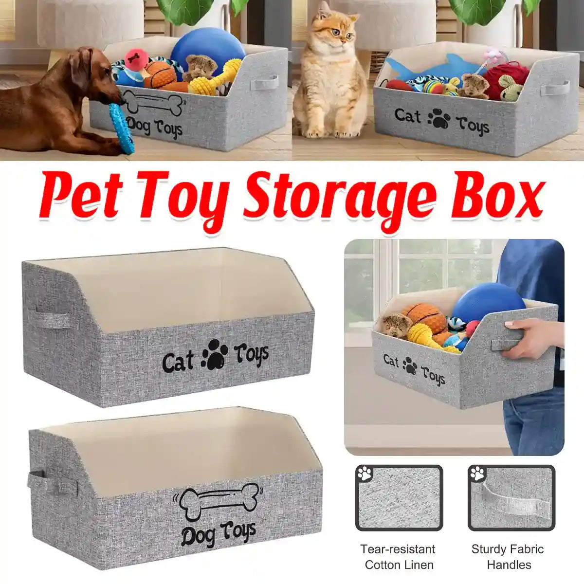 Foldable Pet Toy Storage Box with Handles for Cats & Dogs