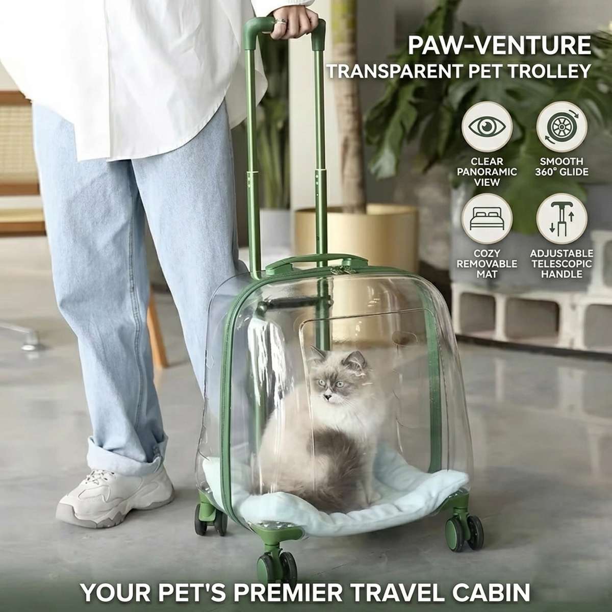 Transparent Pet Trolley Carrier with Wheels for Cats & Small Dogs