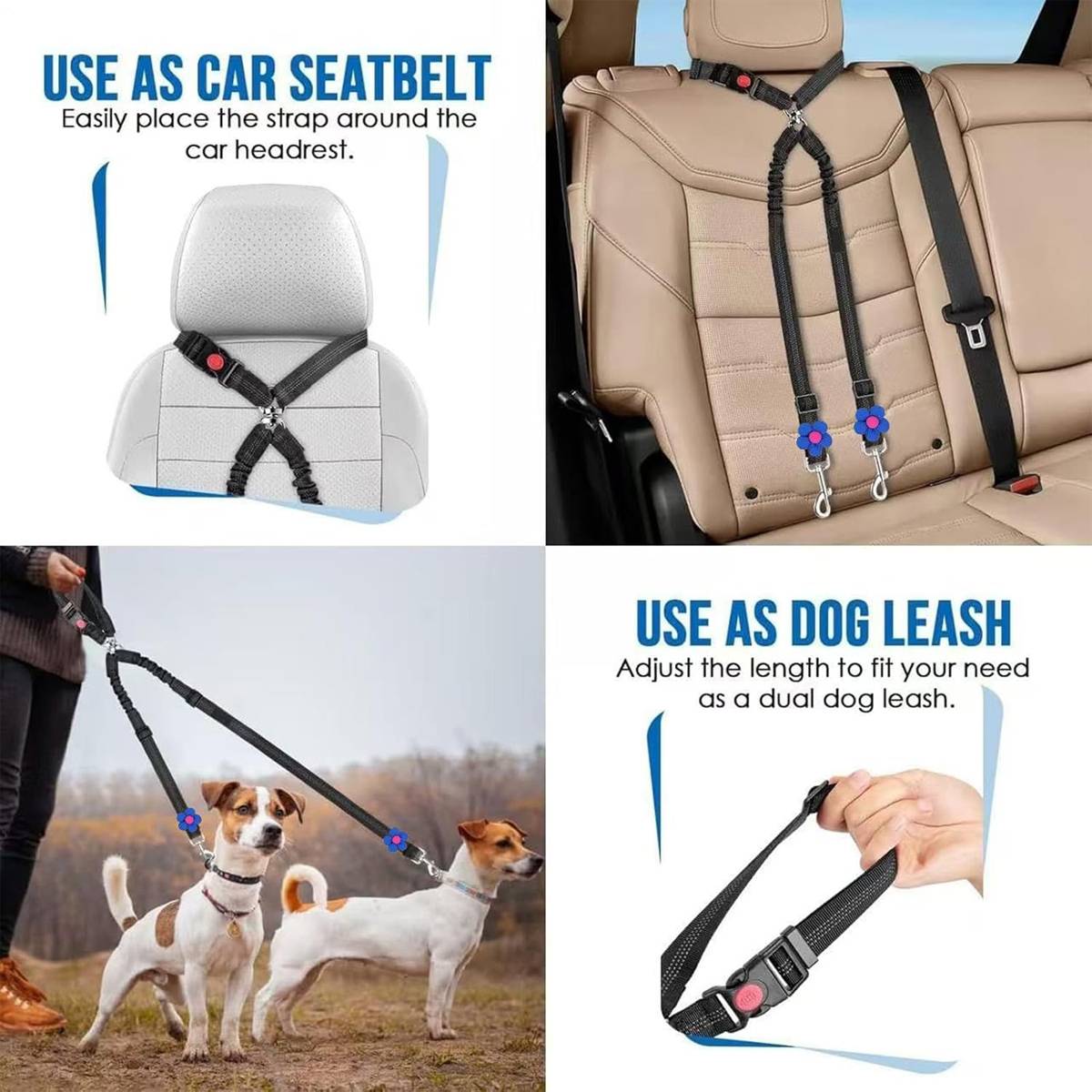 Adjustable Dual Dog Leash Car Seat Belt Strap