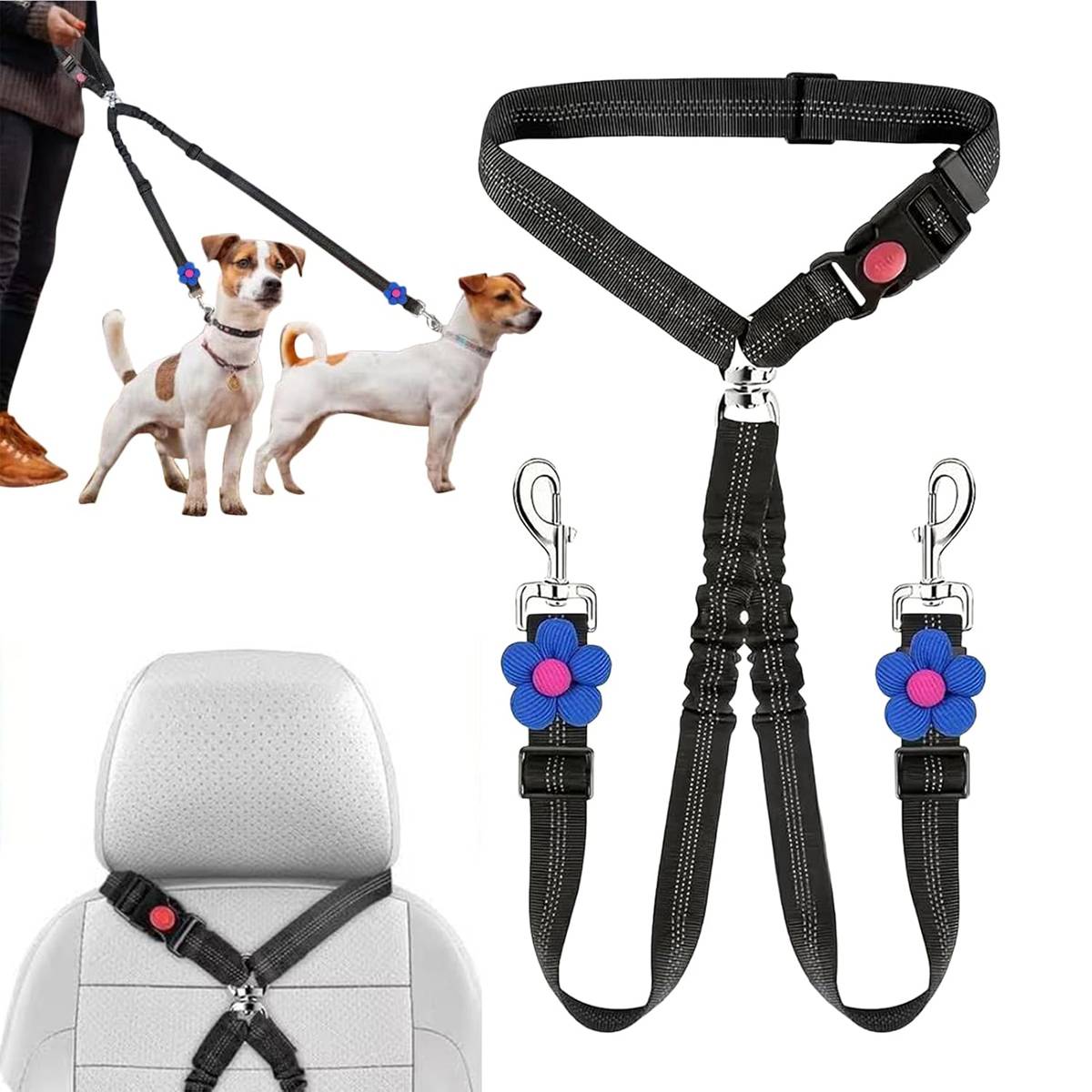 Adjustable Dual Dog Leash Car Seat Belt Strap