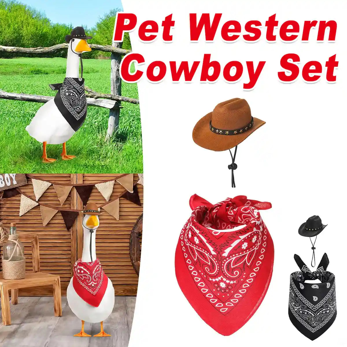 Pet Cowboy Costume Set for Ducks or Geese with Hat and Bandana