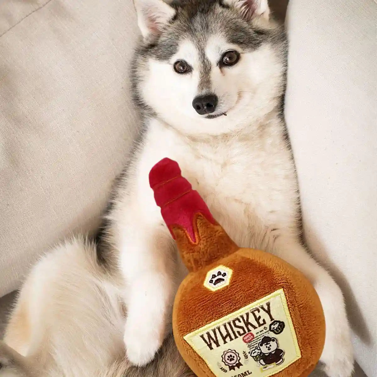 Whiskey Bottle Plush Dog Toy Crinkle Chew for Small and Medium Dogs