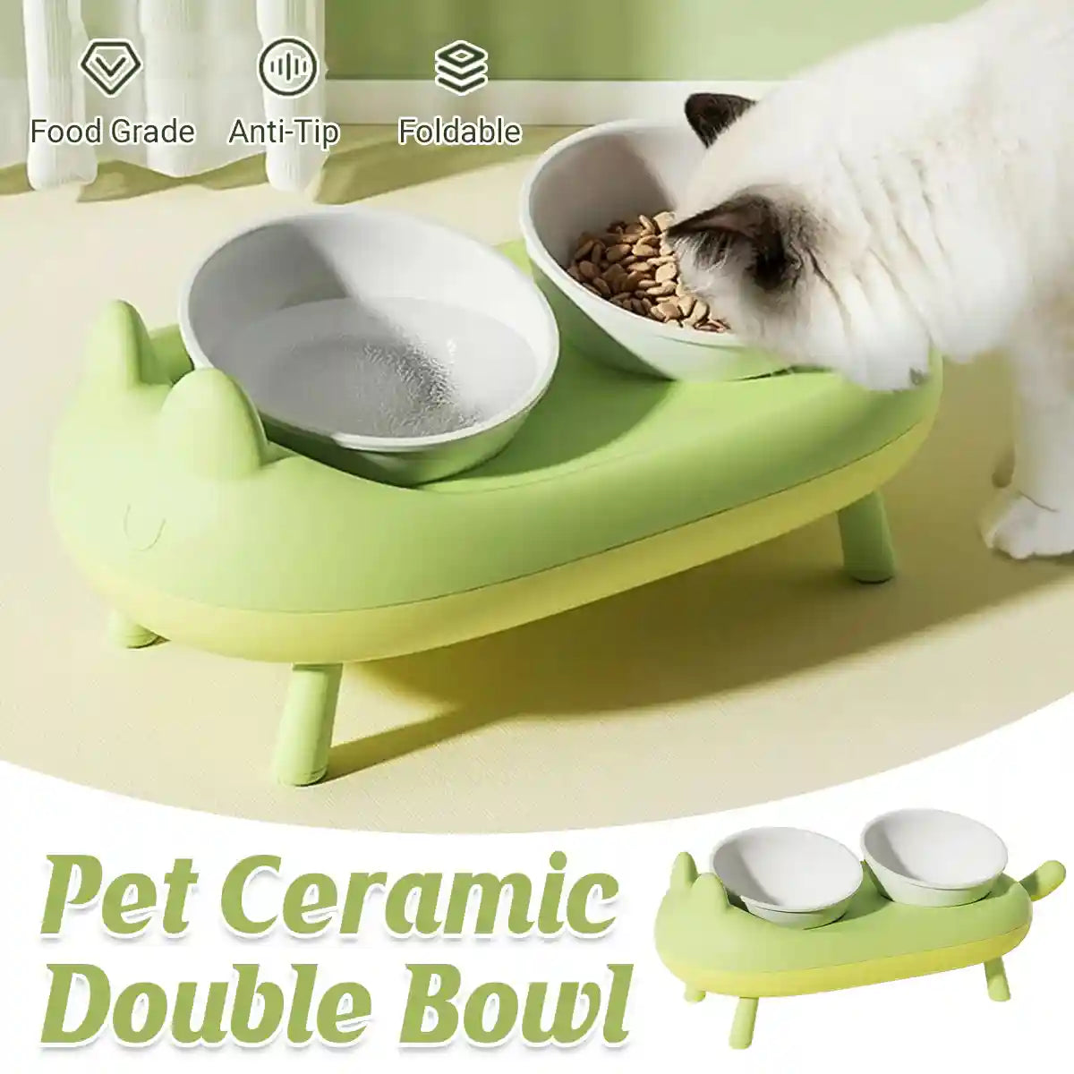 Pet Ceramic Bowl Double Feeder With Tilted Stand