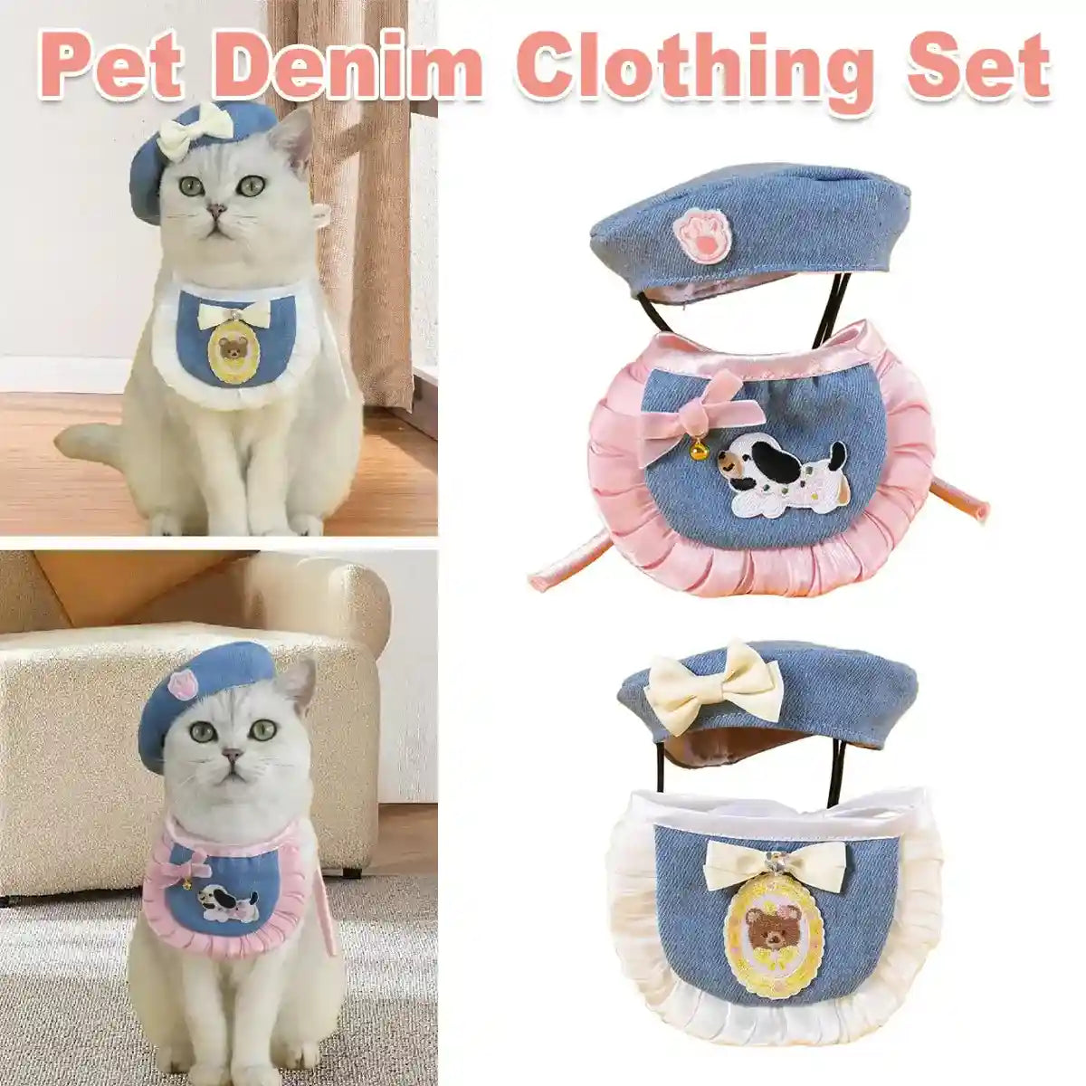Pet Denim Clothing Set for Cats and Dogs Stylish Hat and Scarf