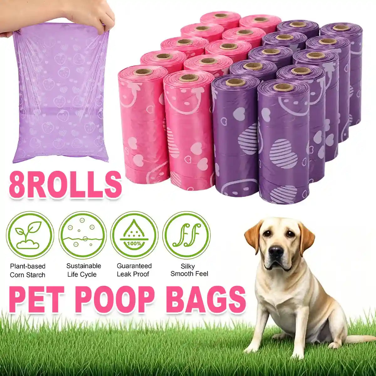 Leak-Proof & Eco-Friendly Biodegradable Pet Poop Bags 8 Rolls