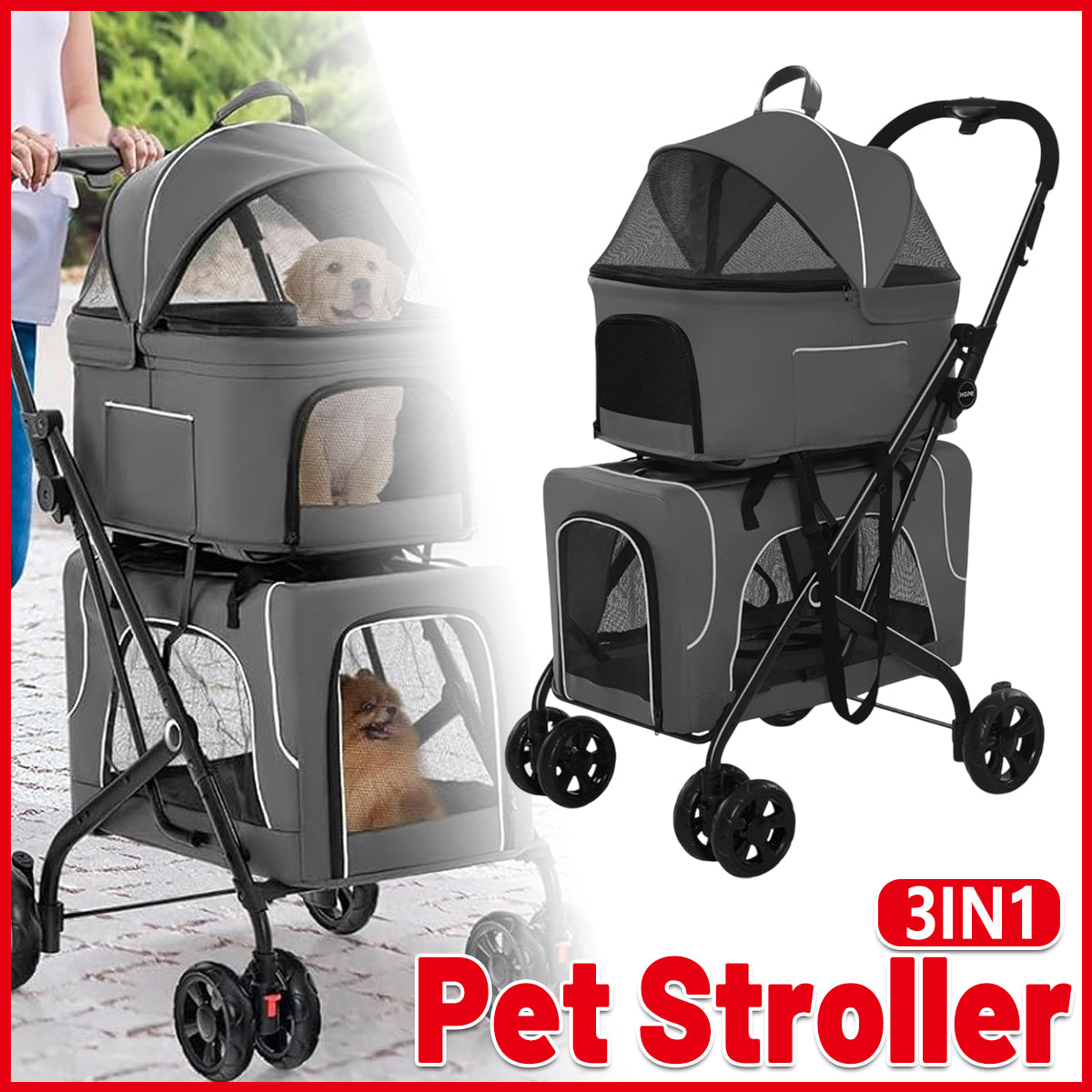3-In-1 Double Deck Pet Stroller With Carrier