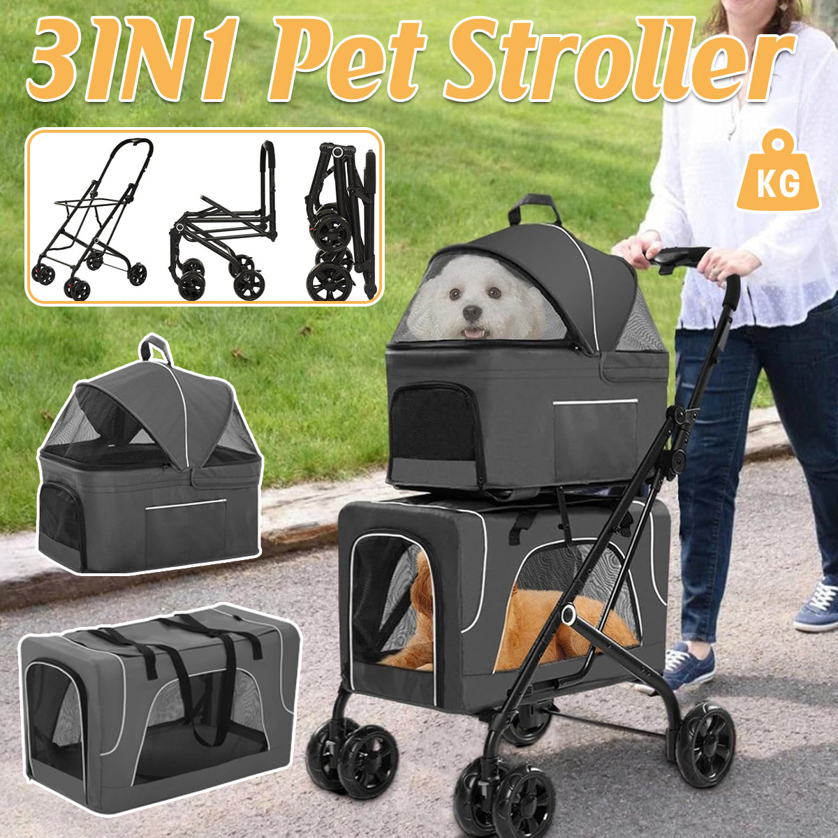 3-In-1 Double Deck Pet Stroller With Carrier