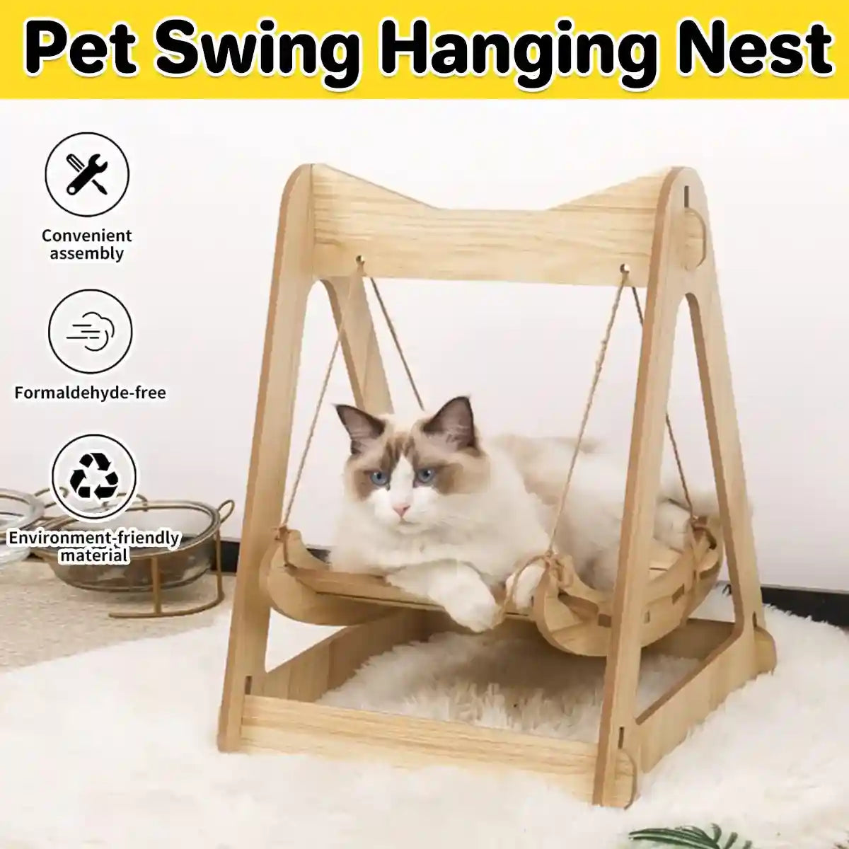 Wooden cat hanging bed with sisal rope for small pets