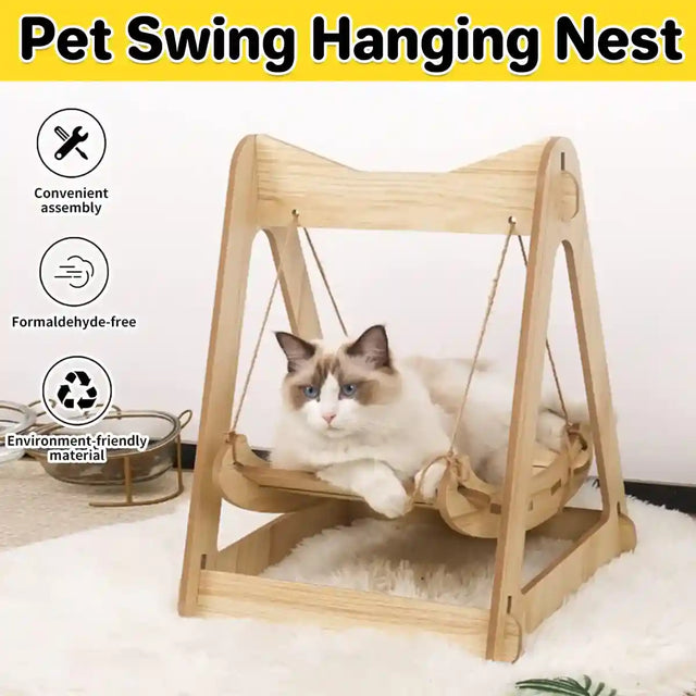 Wooden cat hanging bed with sisal rope for small pets