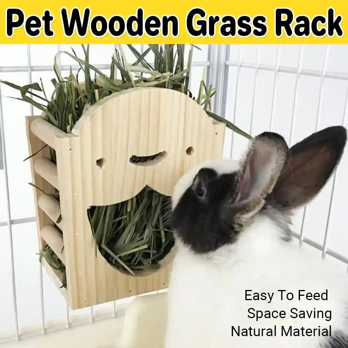 Natural Wooden Hay Feeder for Rabbits Bunny Grass Rack Box
