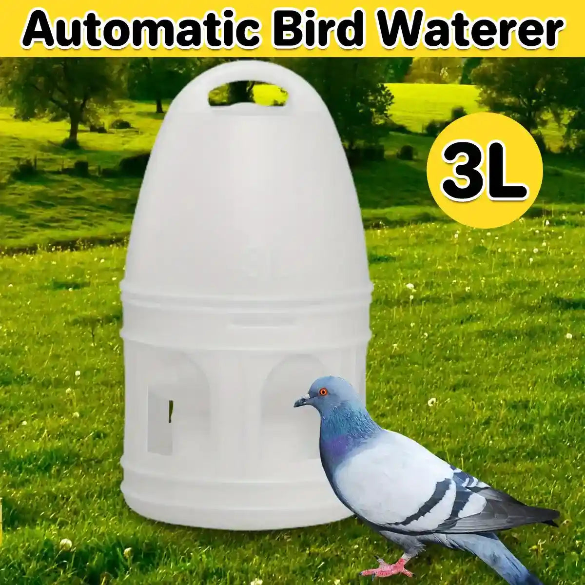 3L automatic bird waterer with handle and multiple drinking ports for pigeons and parrots