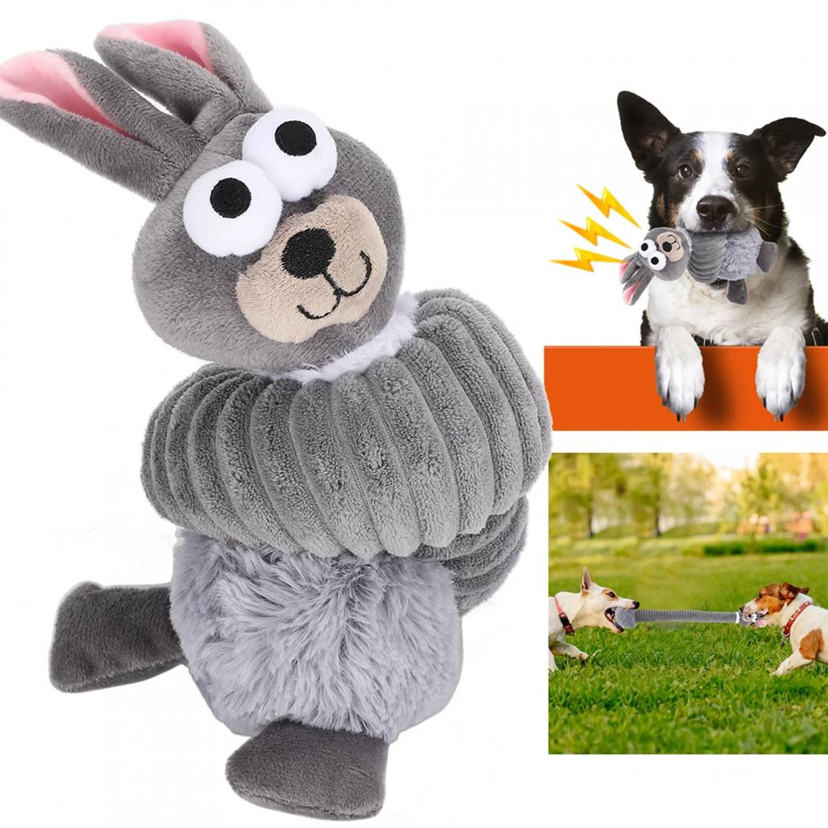 Plush Long Necked Squeaky Dog Toy Rabbit Interactive Tug of War Chew Toy