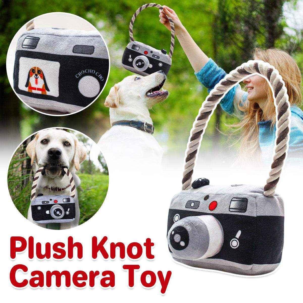 Camera-shaped plush dog toy with rope handle for small to medium dogs