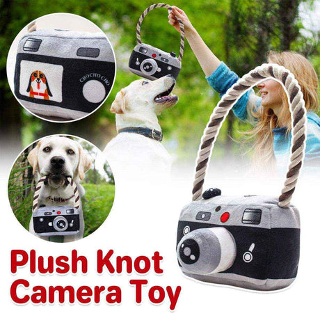 Camera-shaped plush dog toy with rope handle for small to medium dogs