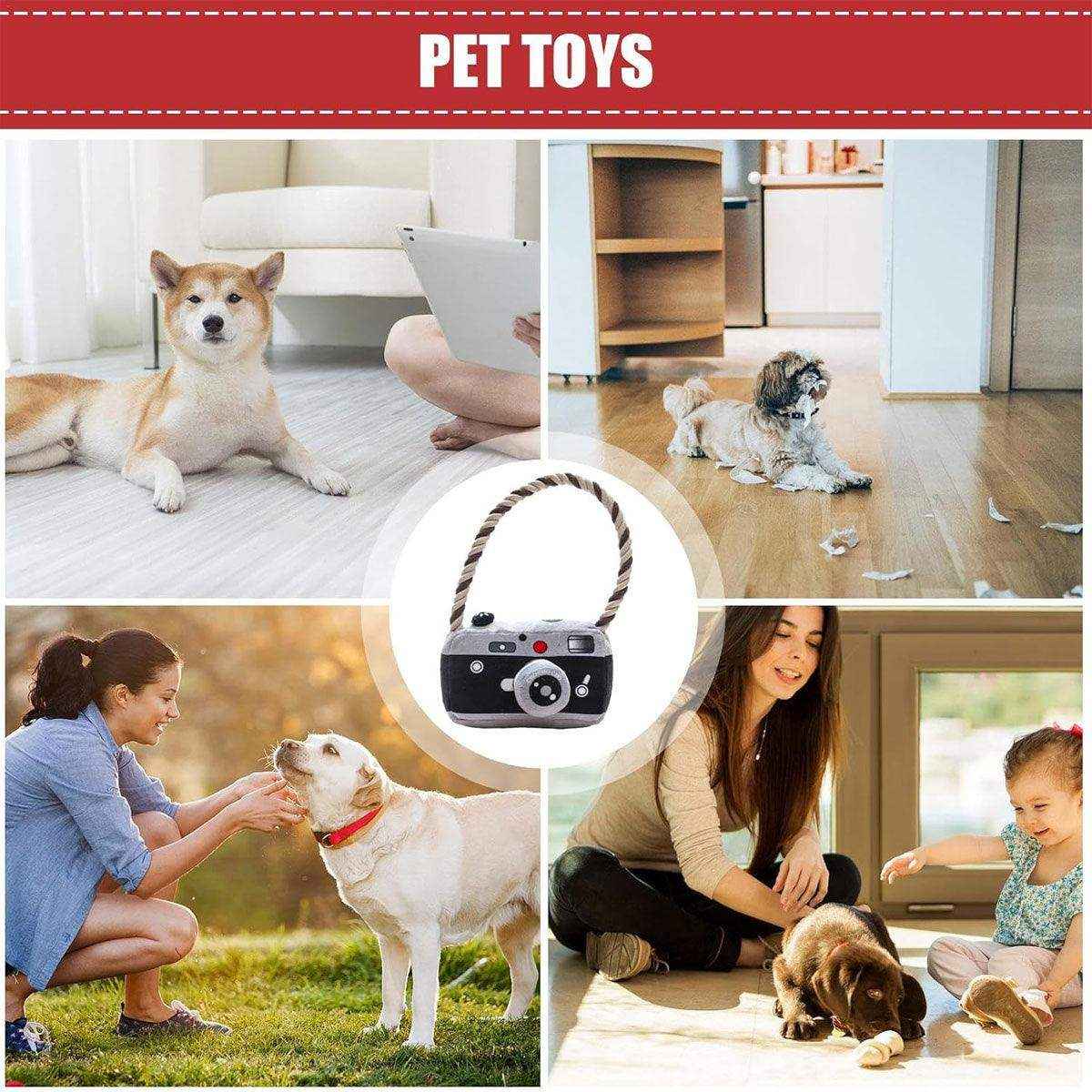 Fun Camera-Shaped Plush Dog Toy with Rope Handle for Interactive Play