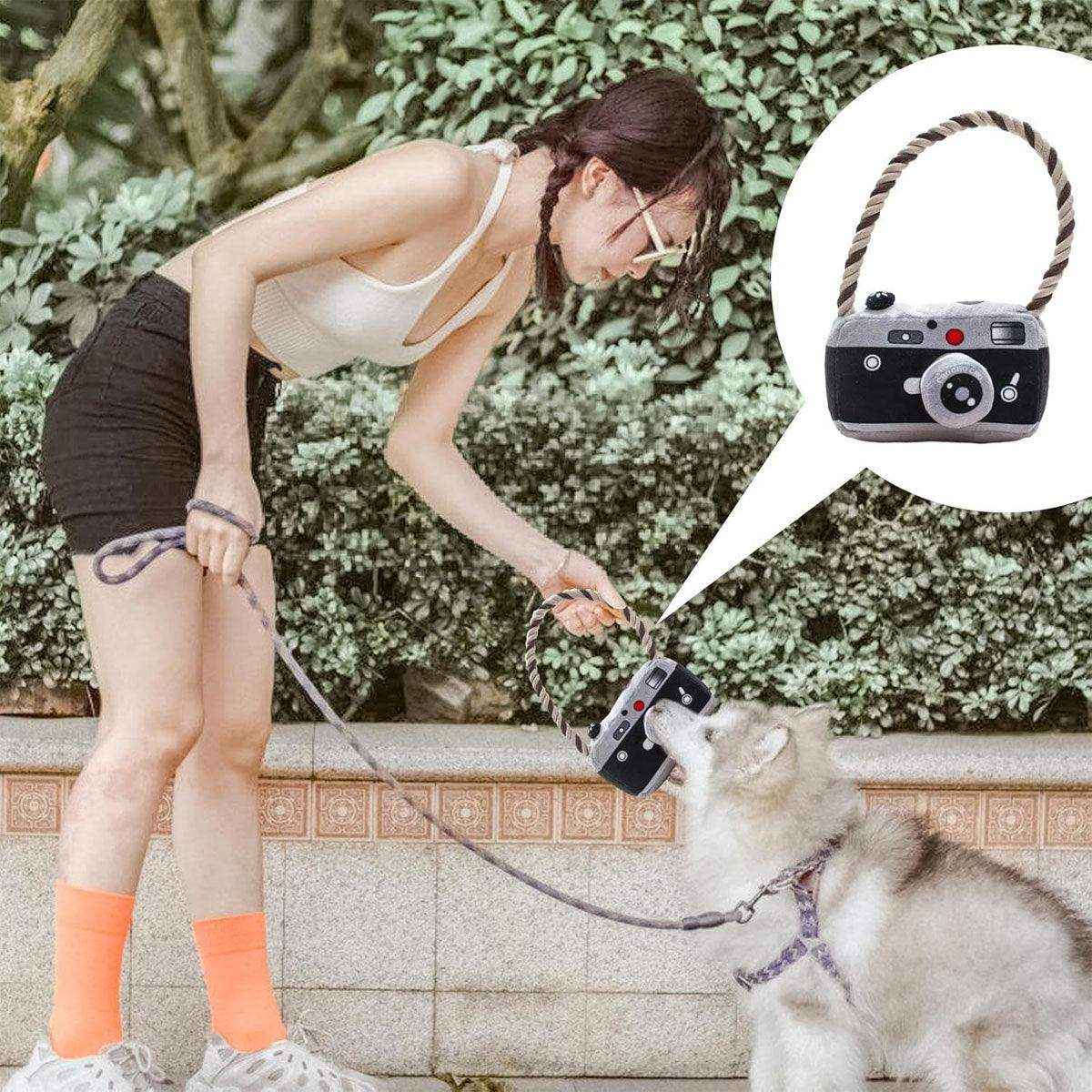 Fun Camera-Shaped Plush Dog Toy with Rope Handle for Interactive Play