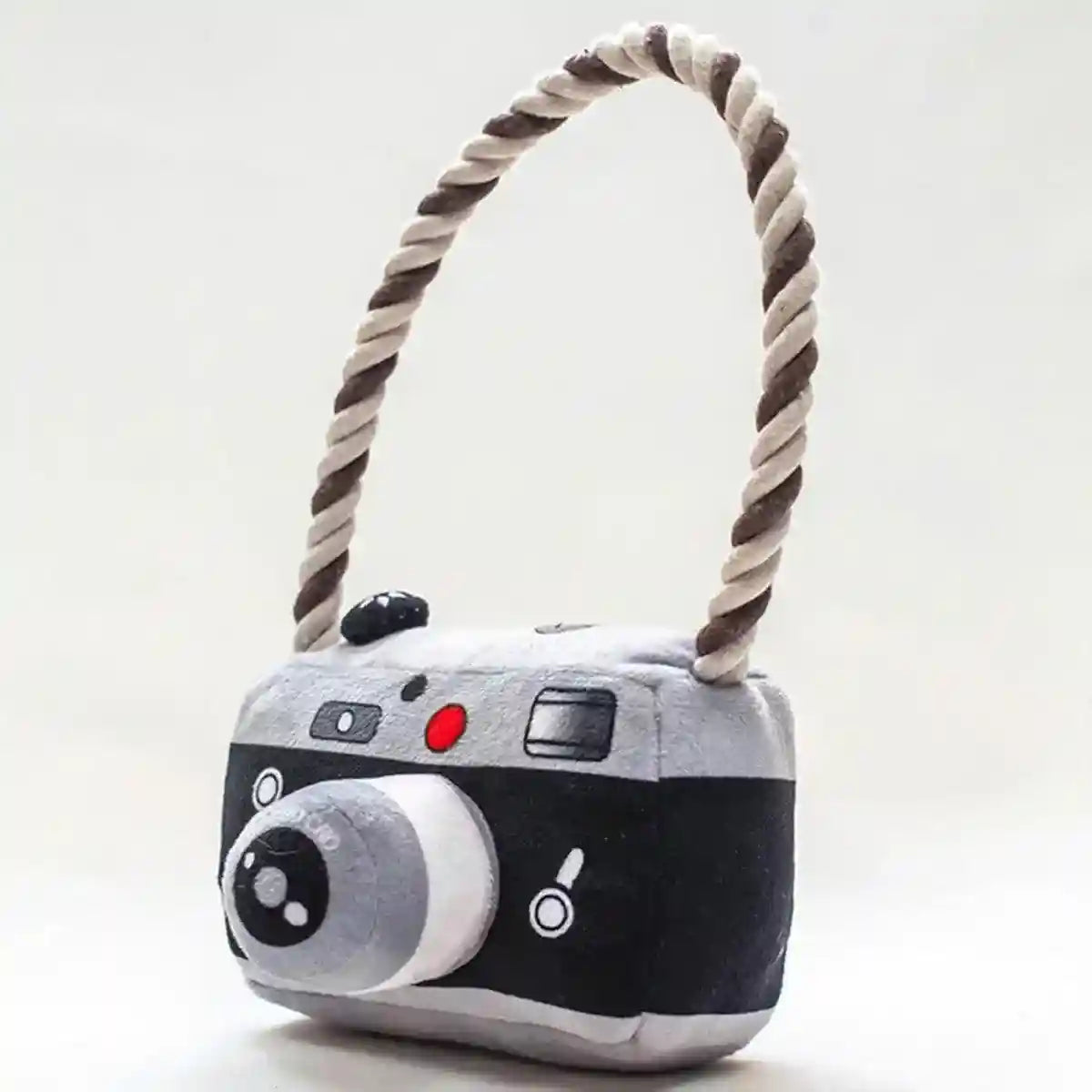 Fun Camera-Shaped Plush Dog Toy with Rope Handle for Interactive Play