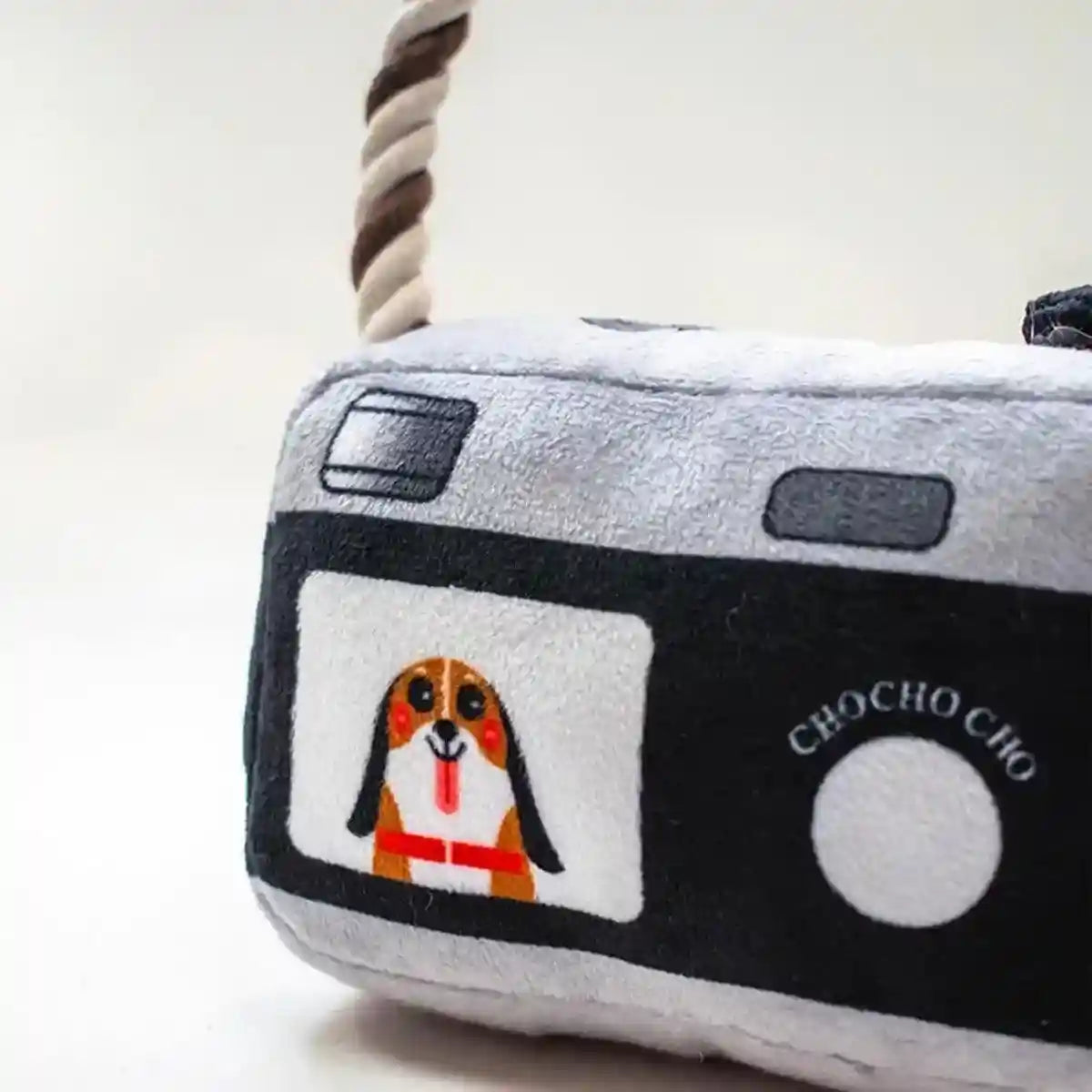 Fun Camera-Shaped Plush Dog Toy with Rope Handle for Interactive Play