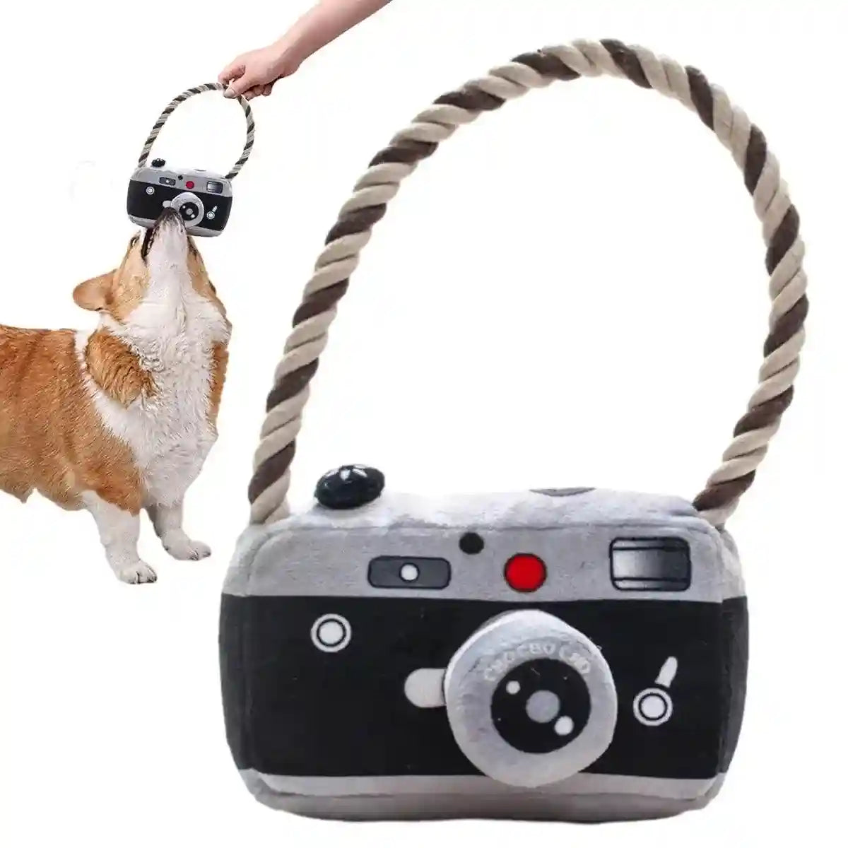 Fun Camera-Shaped Plush Dog Toy with Rope Handle for Interactive Play