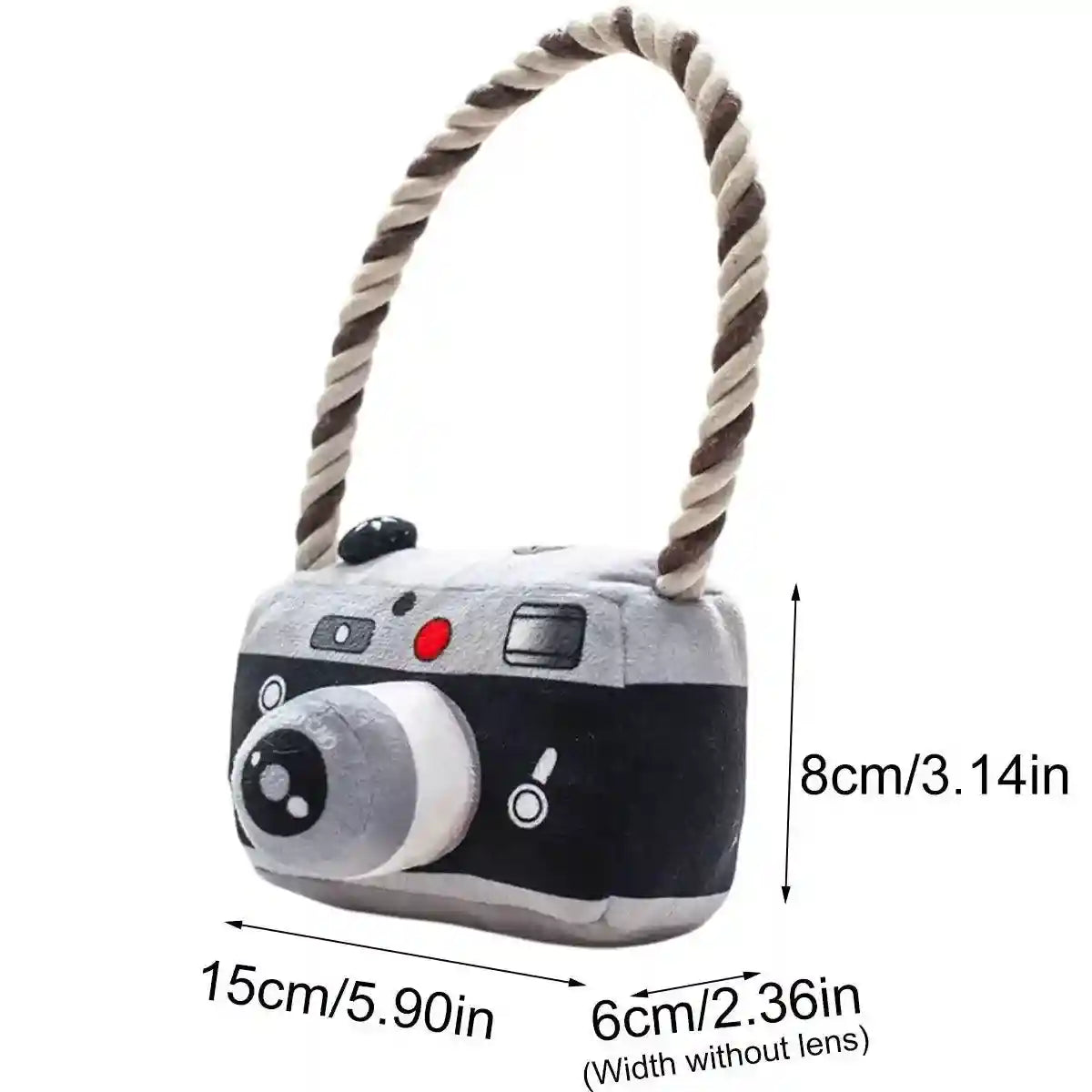 Fun Camera-Shaped Plush Dog Toy with Rope Handle for Interactive Play