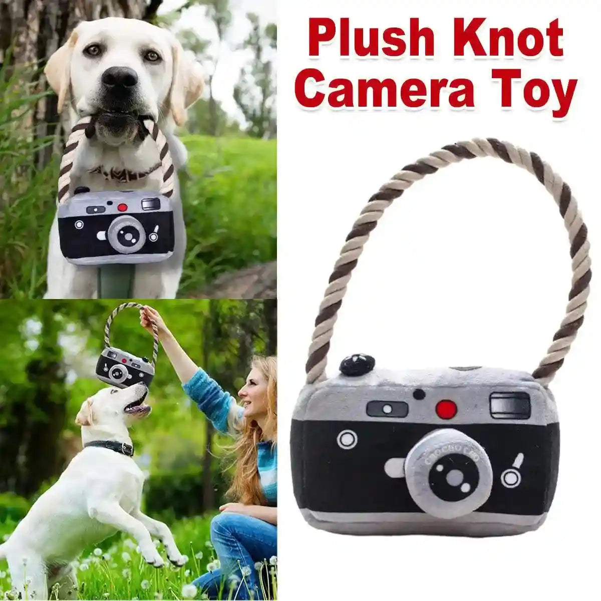 Fun Camera-Shaped Plush Dog Toy with Rope Handle for Interactive Play