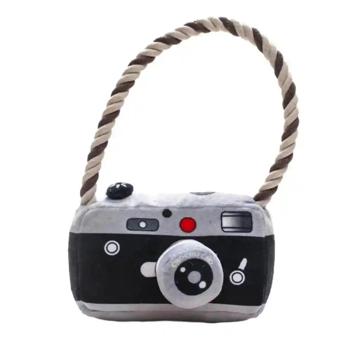 Fun Camera-Shaped Plush Dog Toy with Rope Handle for Interactive Play