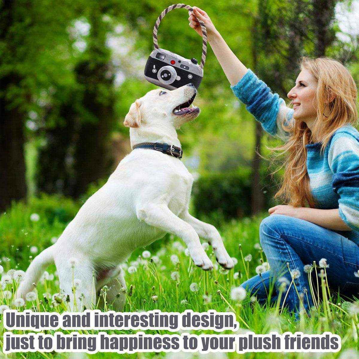 Fun Camera-Shaped Plush Dog Toy with Rope Handle for Interactive Play