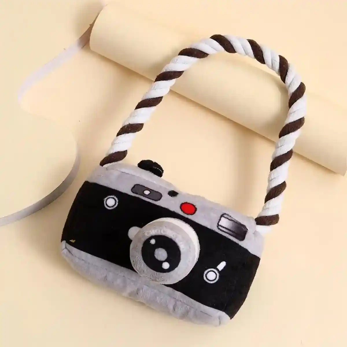 Fun Camera-Shaped Plush Dog Toy with Rope Handle for Interactive Play