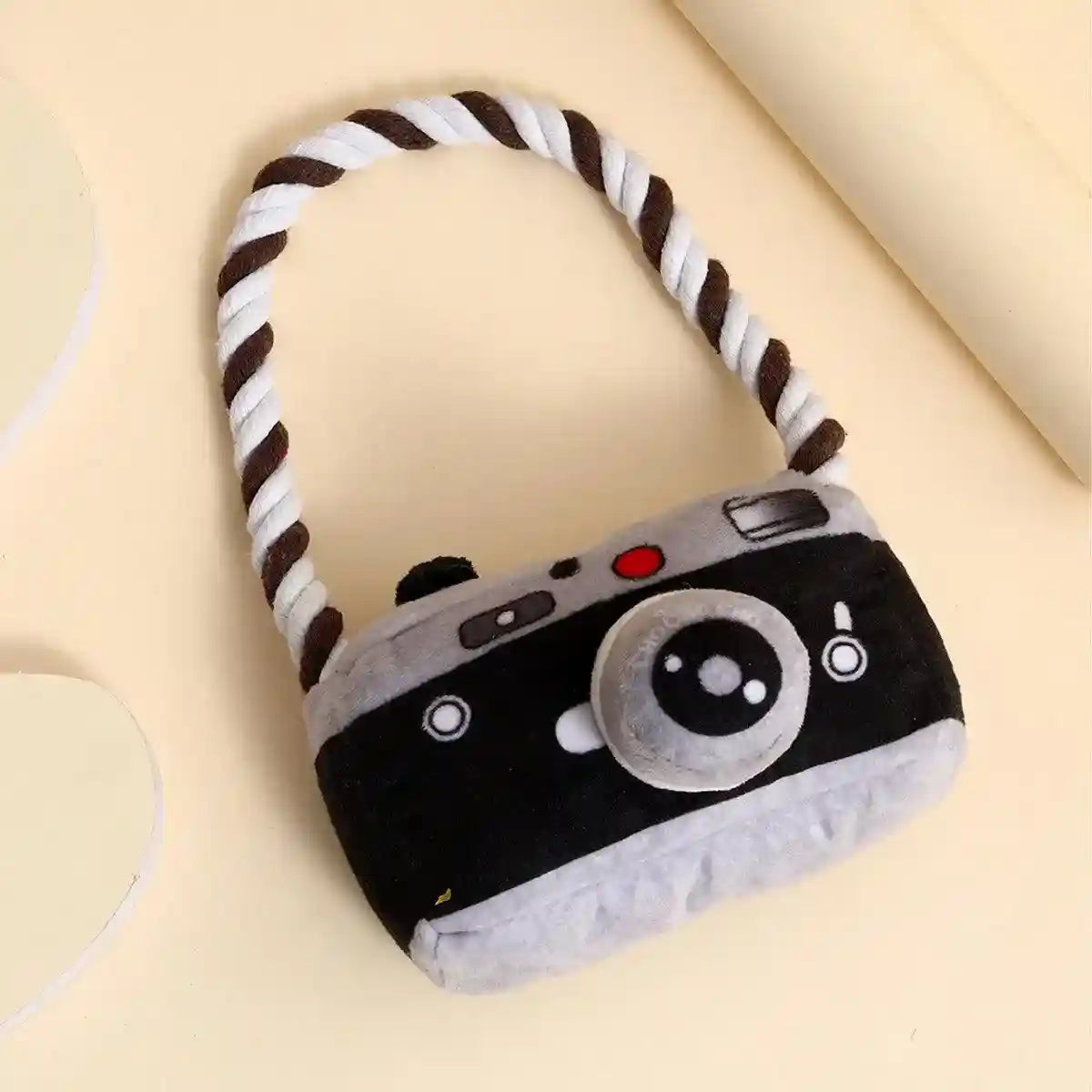 Fun Camera-Shaped Plush Dog Toy with Rope Handle for Interactive Play