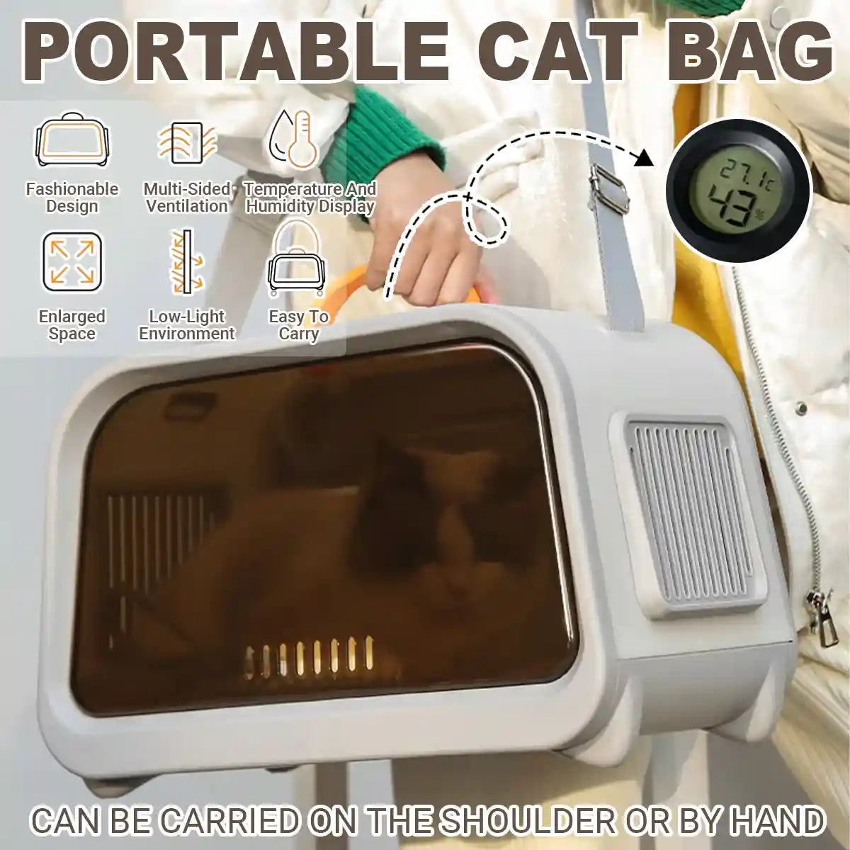 Portable Cat Carrier with Thermometer and Sherpa Pad