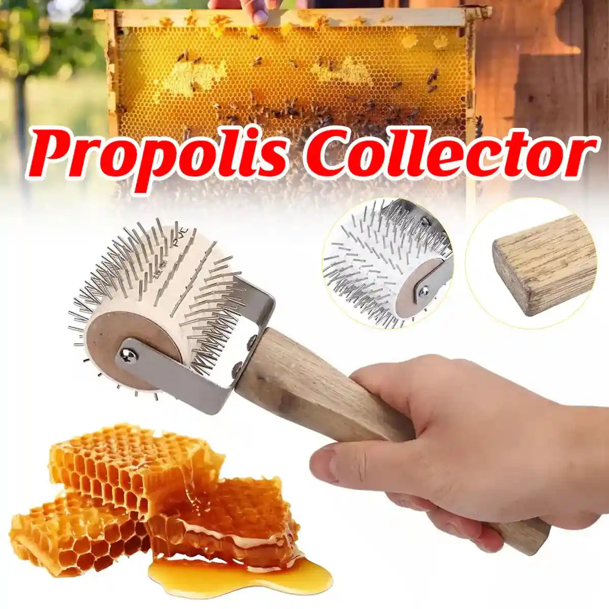 Stainless steel honey collector with wooden handle