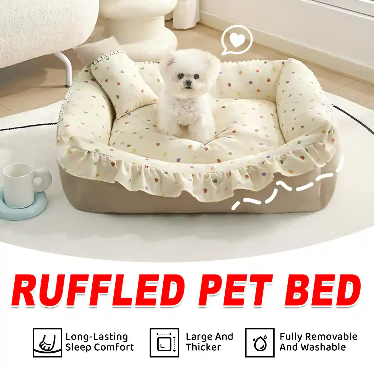 Ruffled Pet Bed Cozy Washable Dog and Cat Sleeping Nest with Pillow