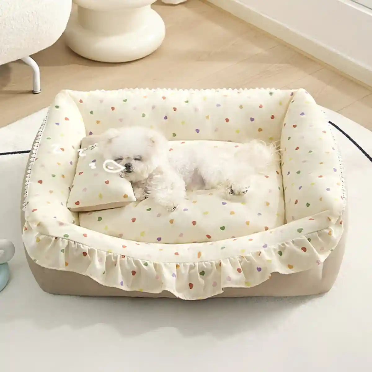 Ruffled Pet Bed Cozy Washable Dog and Cat Sleeping Nest with Pillow