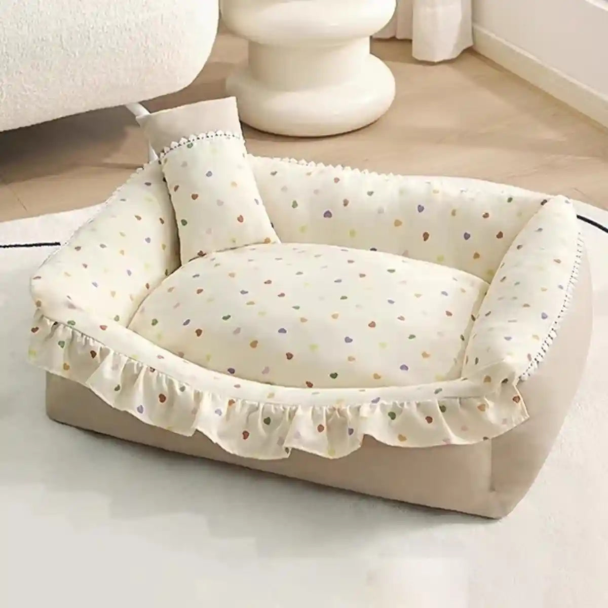 Ruffled Pet Bed Cozy Washable Dog and Cat Sleeping Nest with Pillow