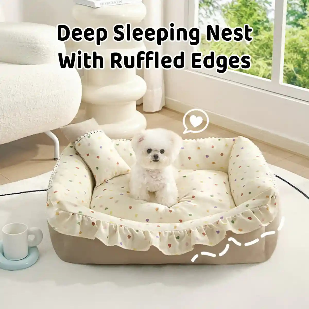 Ruffled Pet Bed Cozy Washable Dog and Cat Sleeping Nest with Pillow