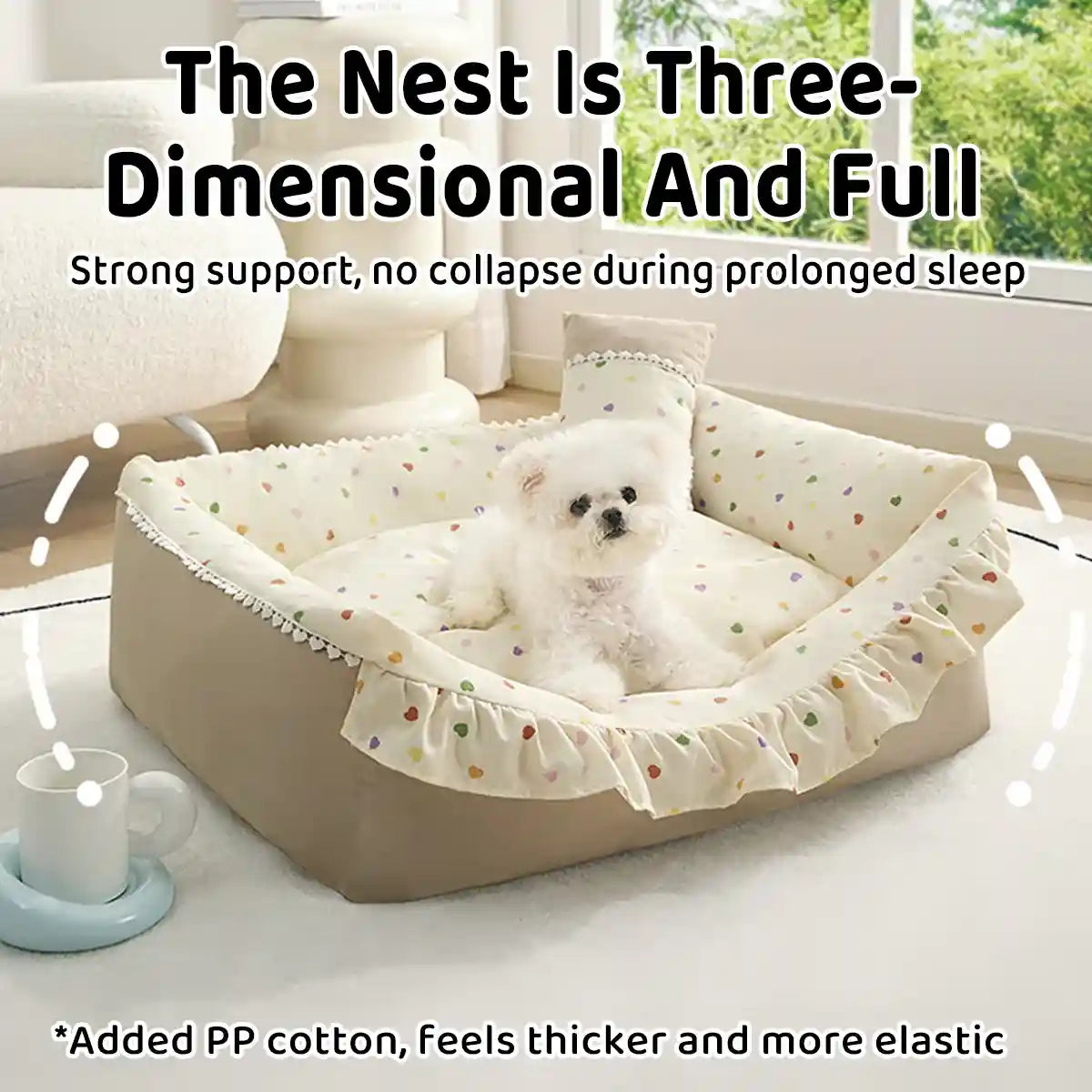 Ruffled Pet Bed Cozy Washable Dog and Cat Sleeping Nest with Pillow