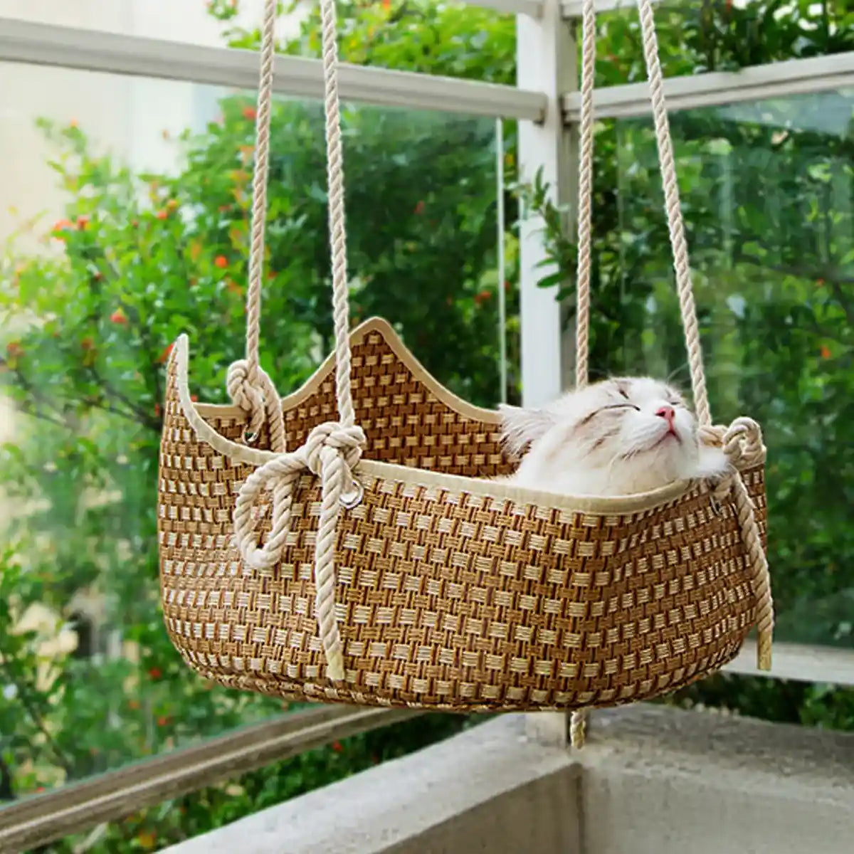 Handmade Cat Hammock Bed Breathable Straw Hanging Pet Rest with Hooks