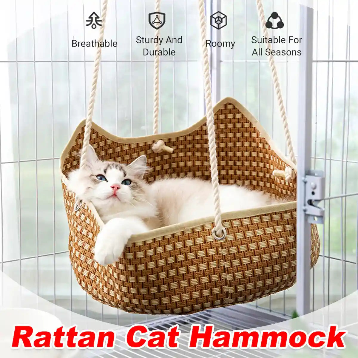 Handmade Cat Hammock Bed Breathable Straw Hanging Pet Rest with Hooks