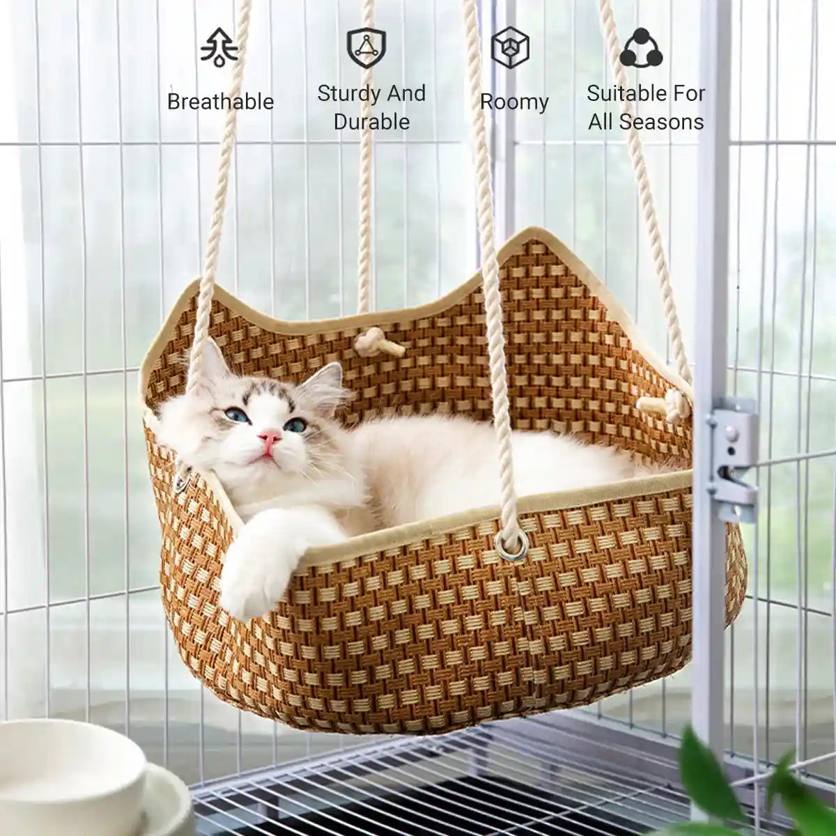 Handmade Cat Hammock Bed Breathable Straw Hanging Pet Rest with Hooks