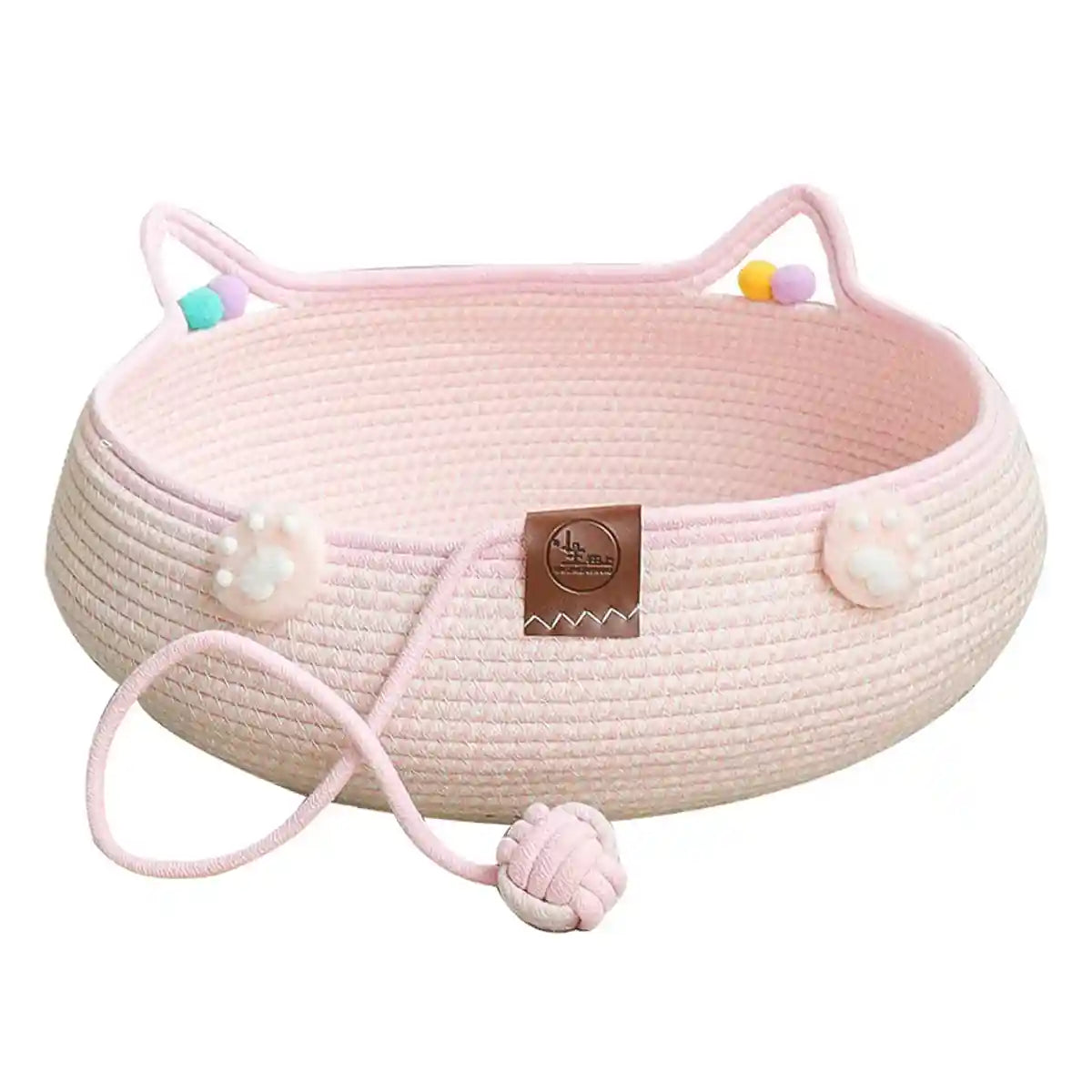 Hand-Woven Cotton Cat Nest Bed with Toy Ball for Kittens Pink